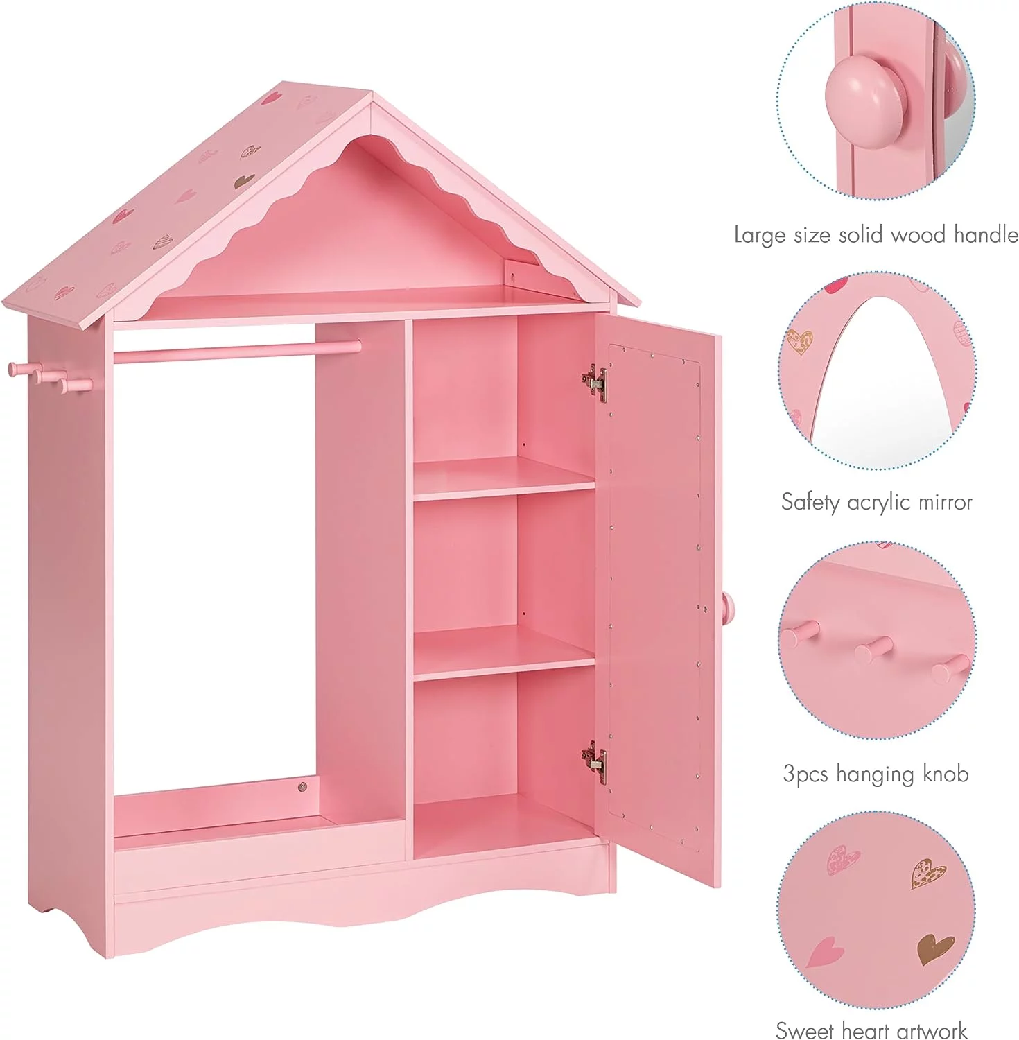 UTEX Kids Dress Up Storage with Mirror, Kids Wardrobe Closet, Dress Up Armoire for Little Girls, Open Hanging Kids Costume Organizer with 3 Adjustable Shelves for Bedroom, Playroom