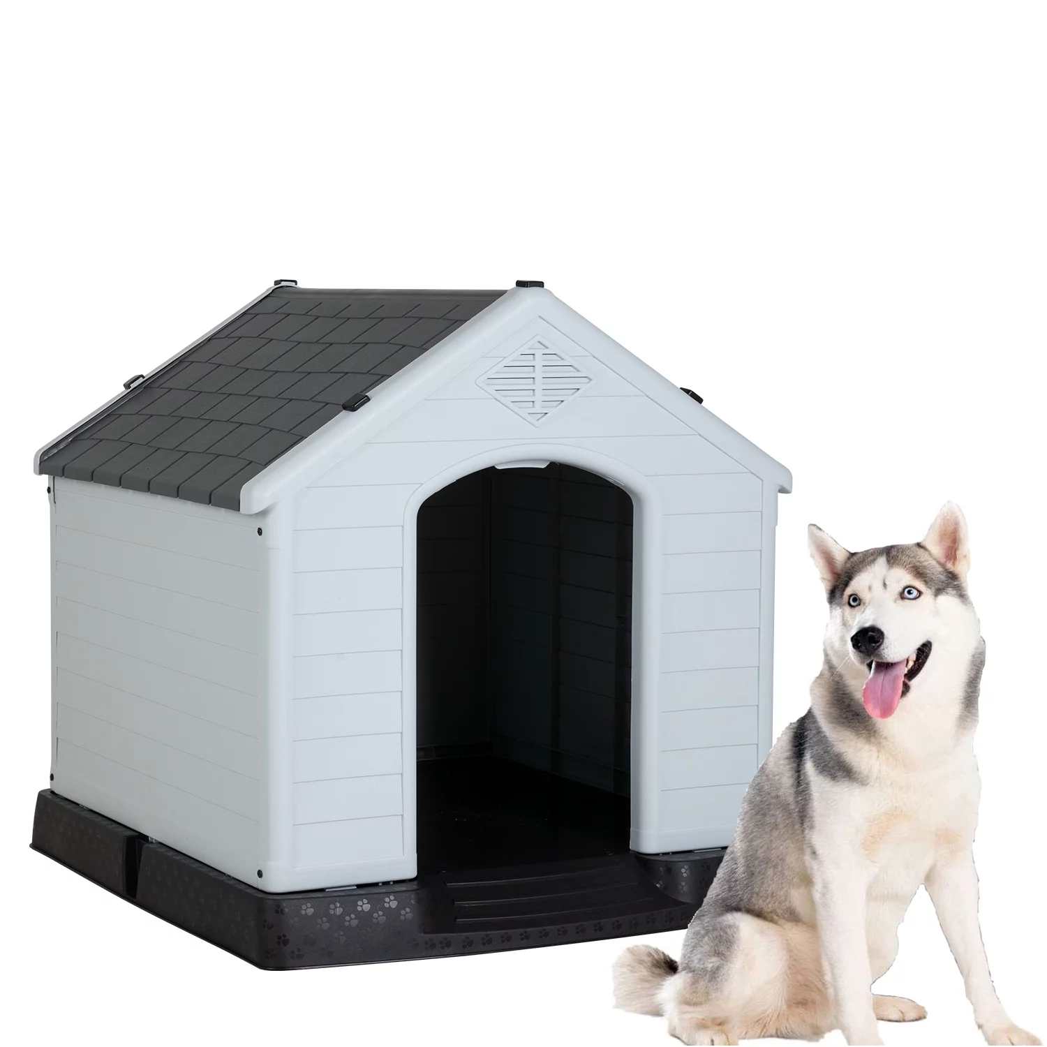 Extra Large Dog House for Large Medium Dogs 41x37.4x39 inch Plastic Water Resistant Dog Houses with Hight Base Support for Winter Tough Durable House with Air Vents Elevated Floor, Grey