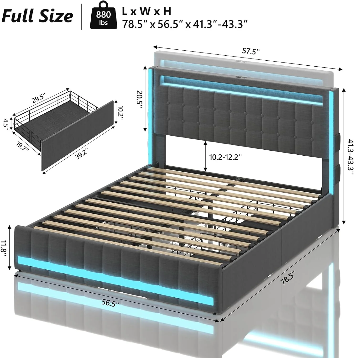 ONKER Full Size Bed Frame with LED Lights & 4 Storage Drawers, Bed Frame Full Size with Charging Station & Adjustable Headboard, Upholstered Platform Metal Bed Frame,No Box Spring Needed,Dark Grey