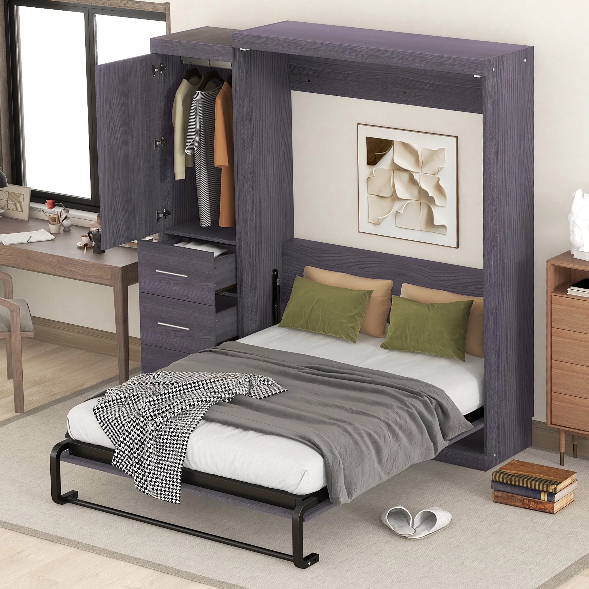 Euroco Wood Full Size Murphy Wall Bed with Wardrobe and Drawers for Living Room, Moveable Wardrobe and Drawers, Space-Saving & Easy Open and Close, Gray