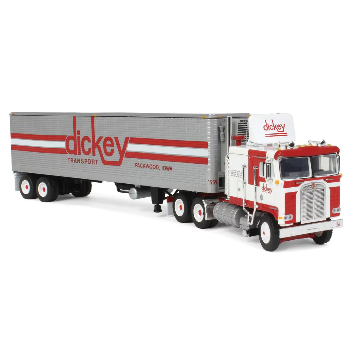 First Gear DCP 1/64 Kenworth K100 Flattop w/ Air Foil & 40' Vintage Reefer Trailer, Dickey Transport 60-1596
