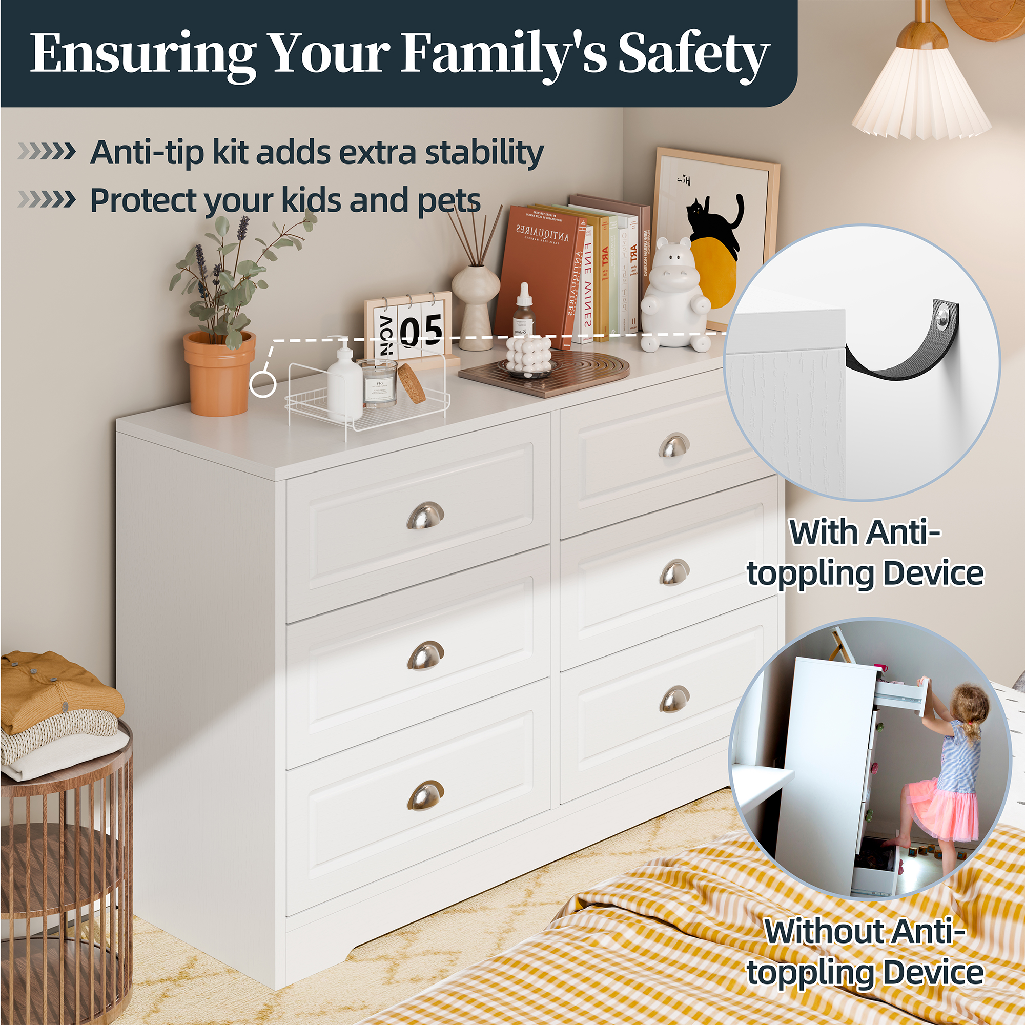 Walsunny 6 Drawer Double Dresser White Wooden Wide Chest of Drawers with Metal Handles Storage Organizer Dresser Nursery Dresser for Living Room Hallway