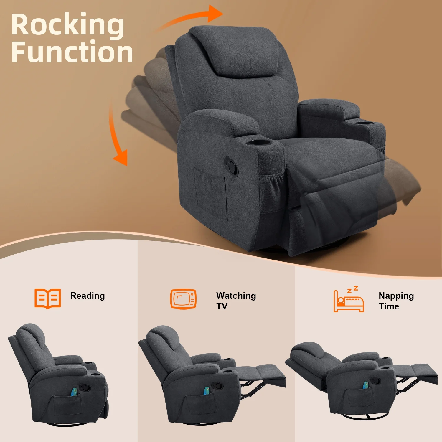 Lacoo massage chair with huge headrest and thick armrests, fabric,grey