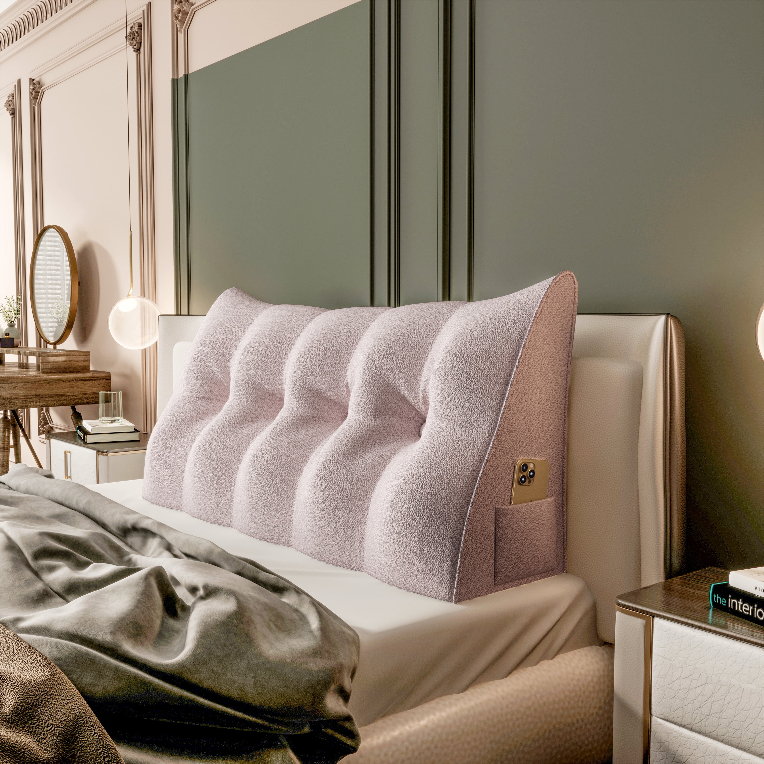 Rounuo Triangle Reading Pillow Full Size XXL Wedge Headboard Extra Large Back Support Pillow for Sitting up in Bed Daybed Bolster Backrest Cushion Velvet Pink