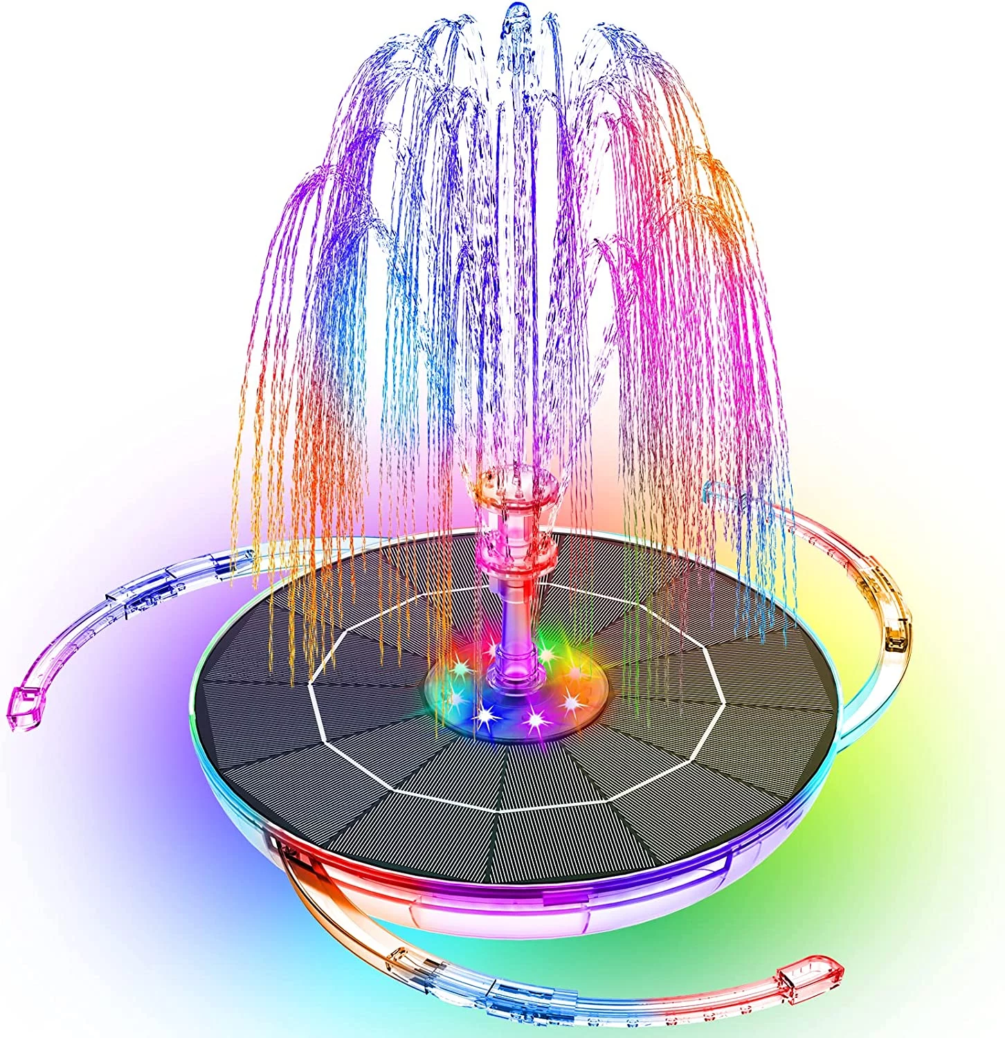 AISITIN 6.5W LED Solar Fountain with Retractable Stand,Colourful Solar Water Fountain with 3000mAh Battery and Double-Sided LED Light Solar Fountain Pump for Bird Bath,Garden,Pond,DIY Water Feature