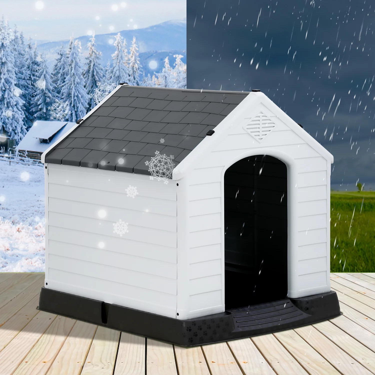 Extra Large Dog House for Large Medium Dogs 41x37.4x39 inch Plastic Water Resistant Dog Houses with Hight Base Support for Winter Tough Durable House with Air Vents Elevated Floor, Grey
