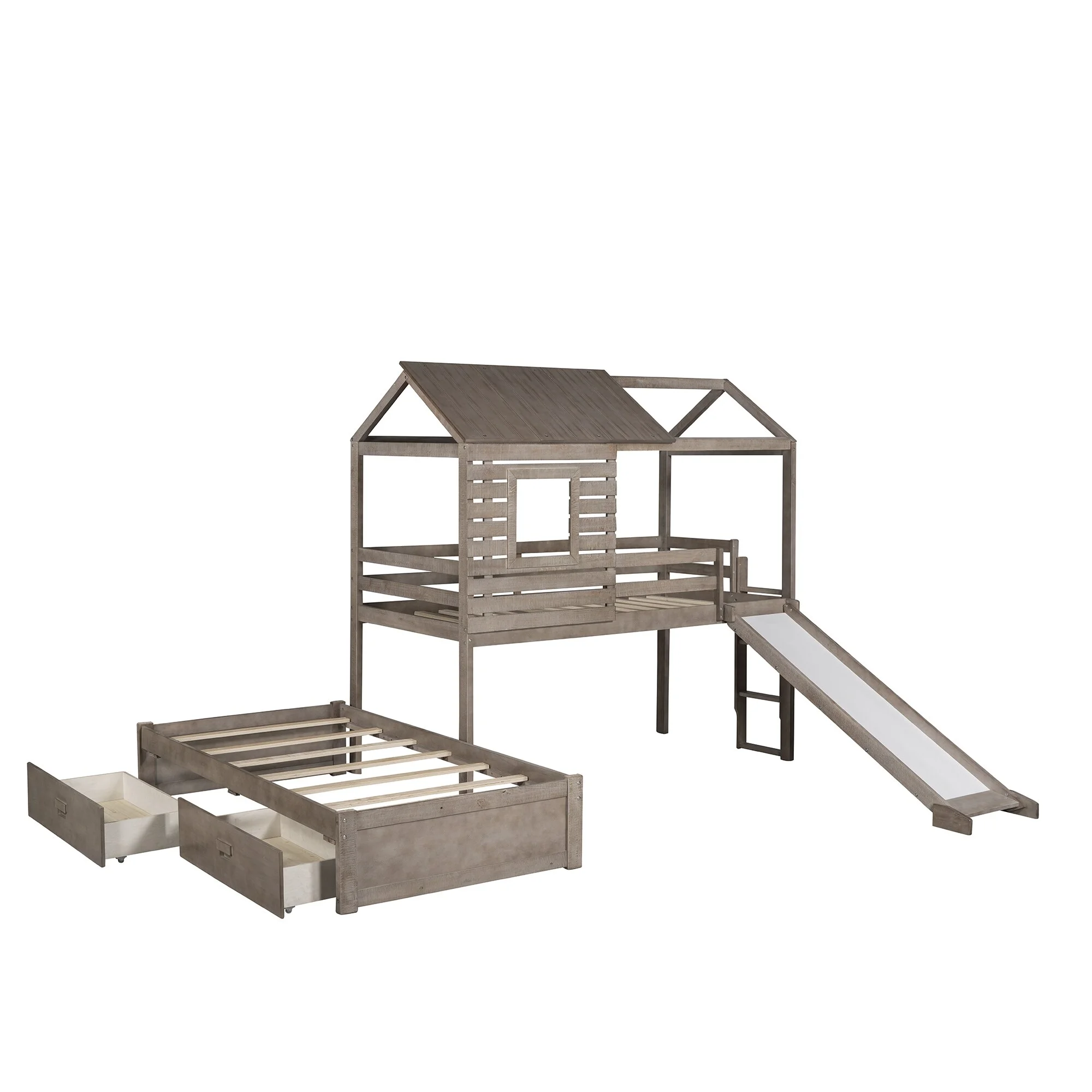 Home Adores, Inc. Rhett Twin Over Twin Bunk Bed with Two Drawers and Slide Antique Grey