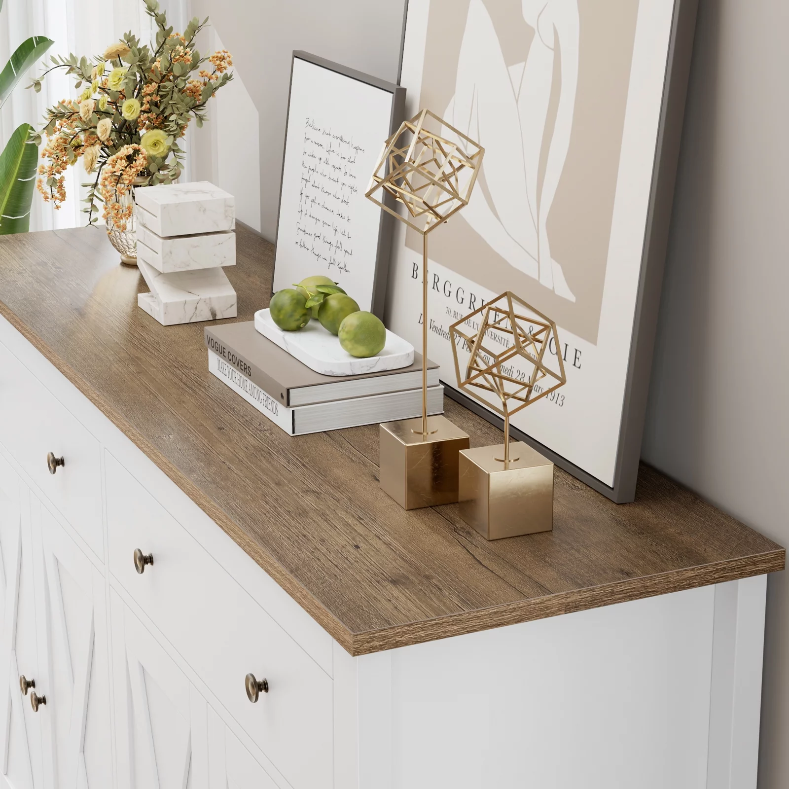 Homfa 4-Doors 2-Drawers Farmhouse Storage Cabinet, Wood Sideboard with Adjustable Shelves for Kitchen Dining Room, White