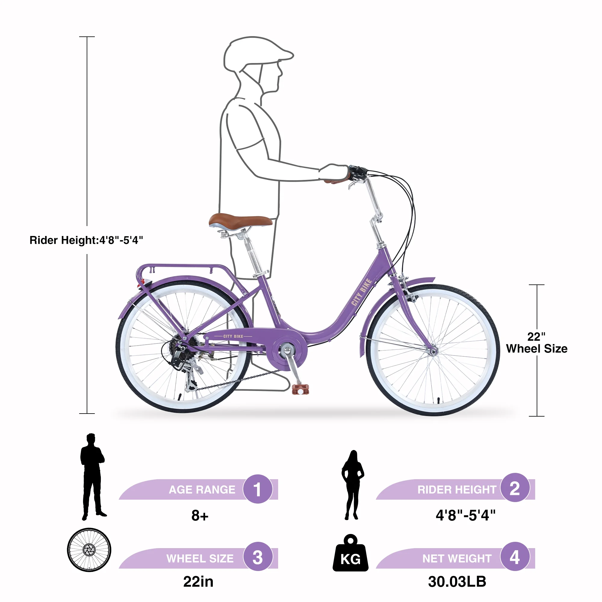 22 Inch Womens Beach Cruiser Bike, City Bike 7 Speeds Steel Frame with Rear Rack, Commuter Bicycle Purple