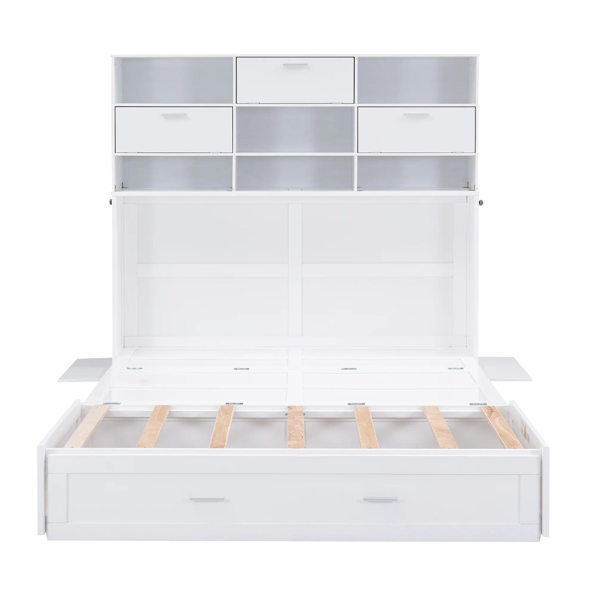 Euroco Queen Size Murphy Bed with Bookcase, Shelf and Drawer, Convertible into a Cabinet with Bookcase for Living Room, Space-Saving & Easy Open and Close, White