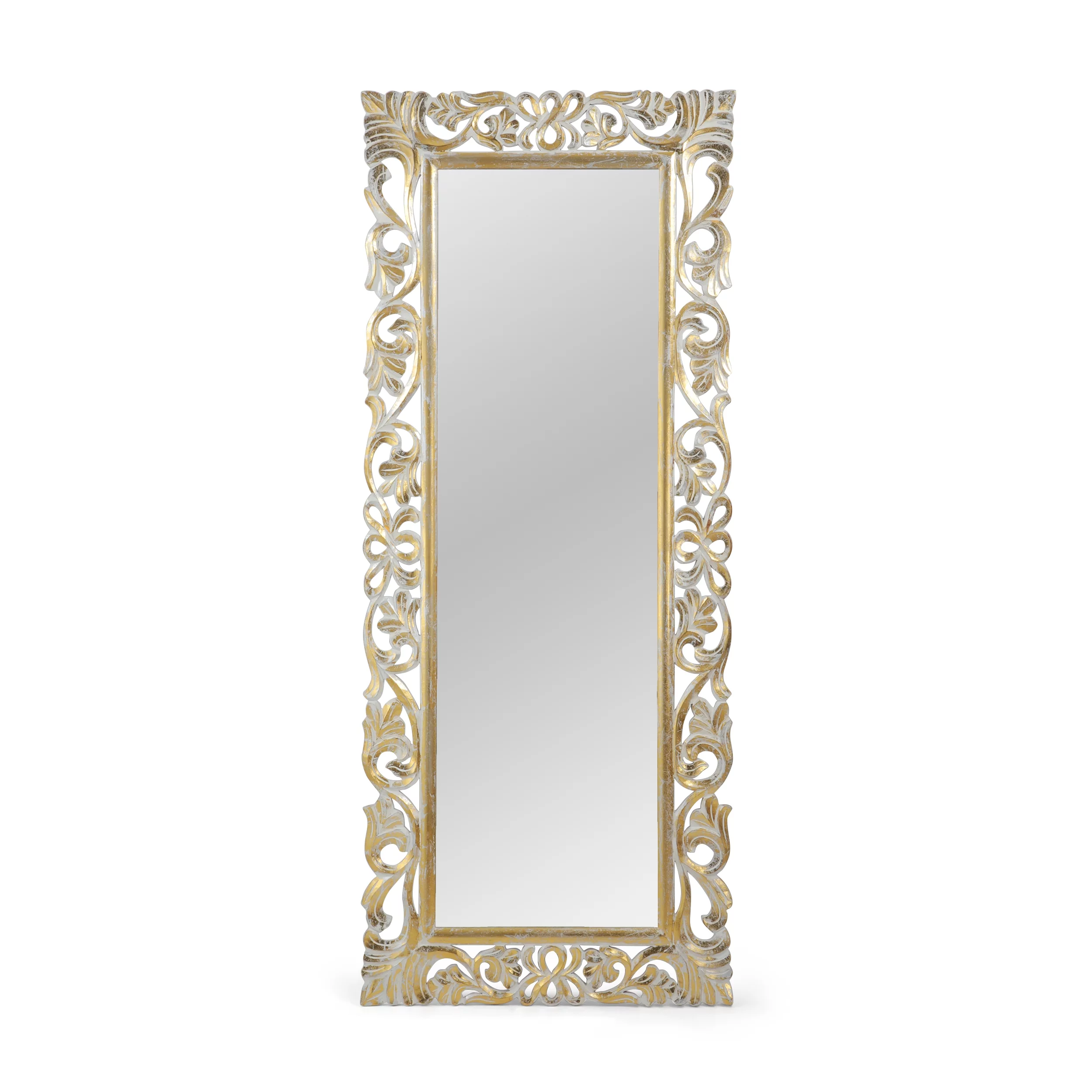 Noble House Koa Traditional Standing Mirror with Floral Carved Frame, Distressed White, Gold