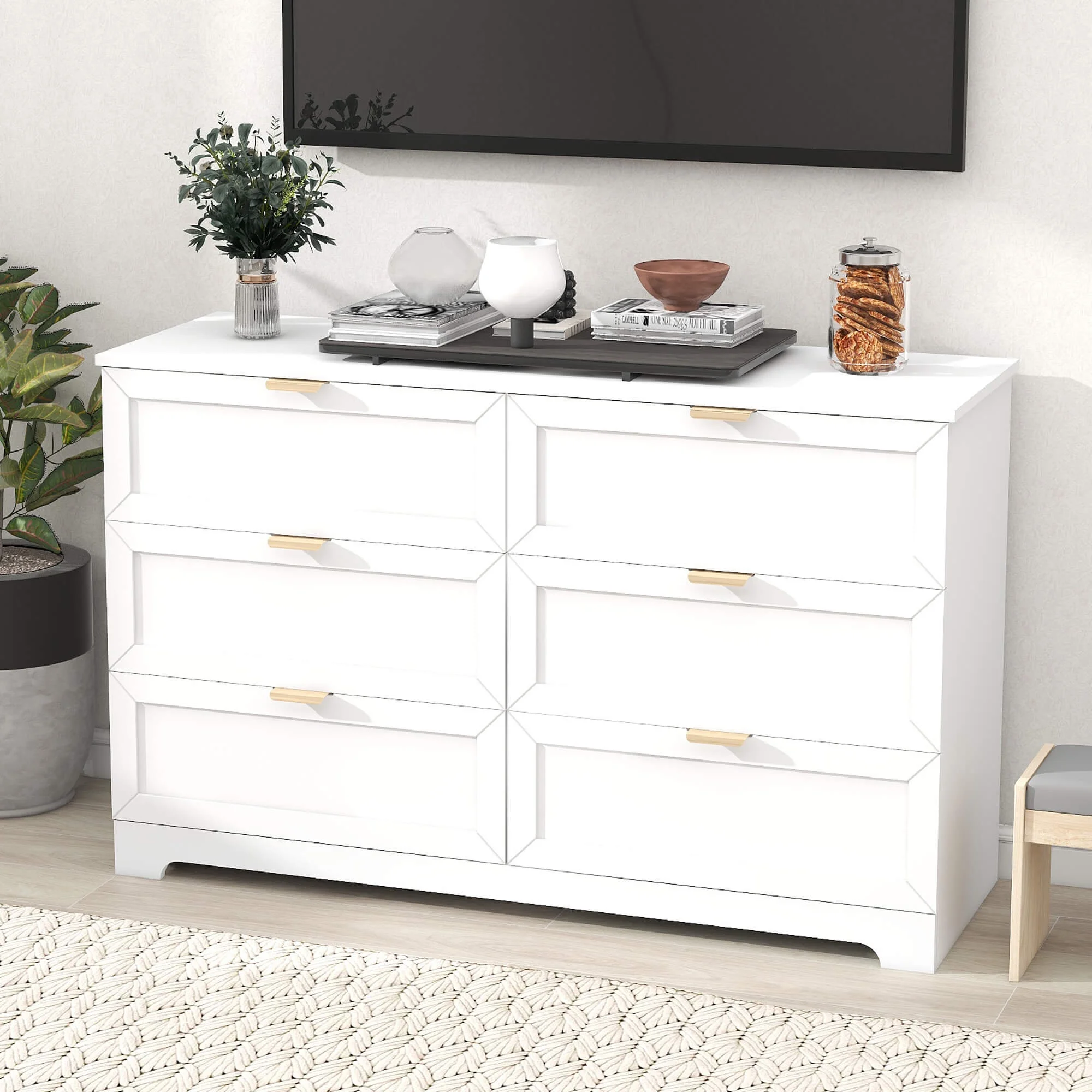 6 Drawer Dresser for Bedroom, Modern Long Dresser Chest With Large Drawer, Wooden Chest of Dresser Storage Cabinet Organizer Unit