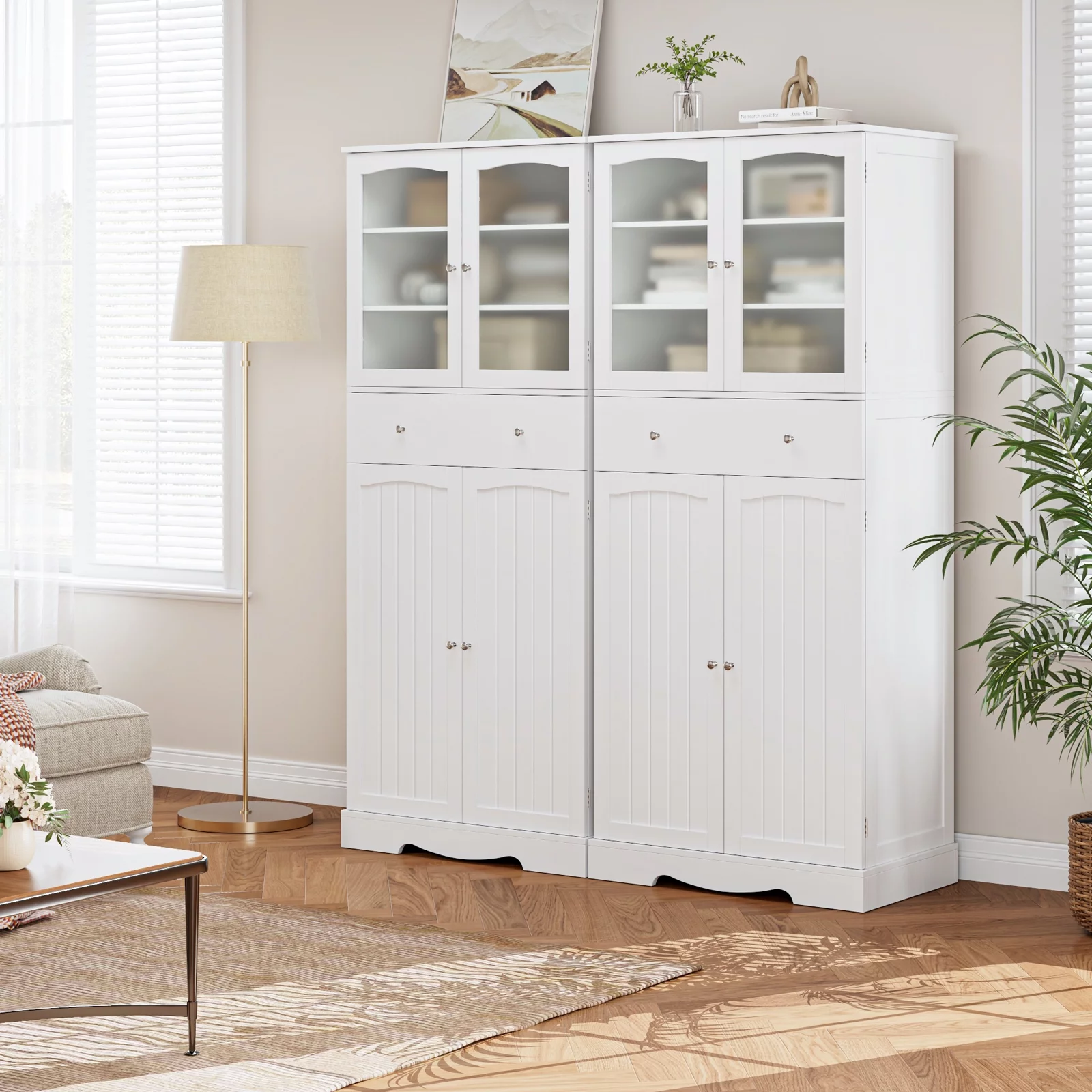 Homfa 70.8'' Kitchen Pantry with 4 Doors, Freestanding Storage Cabinet with Large Drawer for Dining Room, White