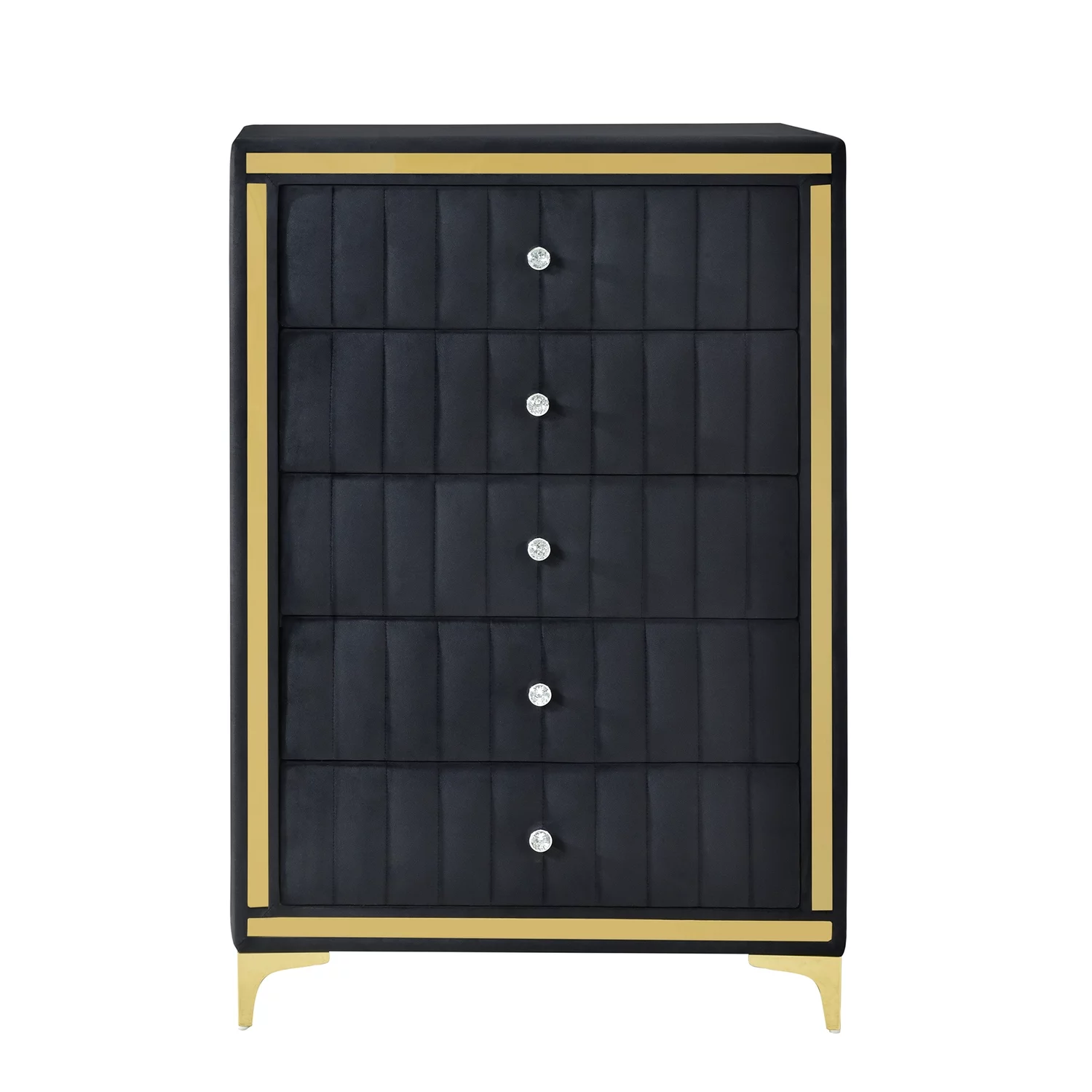 Better Home Products Monique Velvet Upholstered 5-Drawer Chest Dresser with Gold Legs and Gold Trim in Black - Fully Assembled
