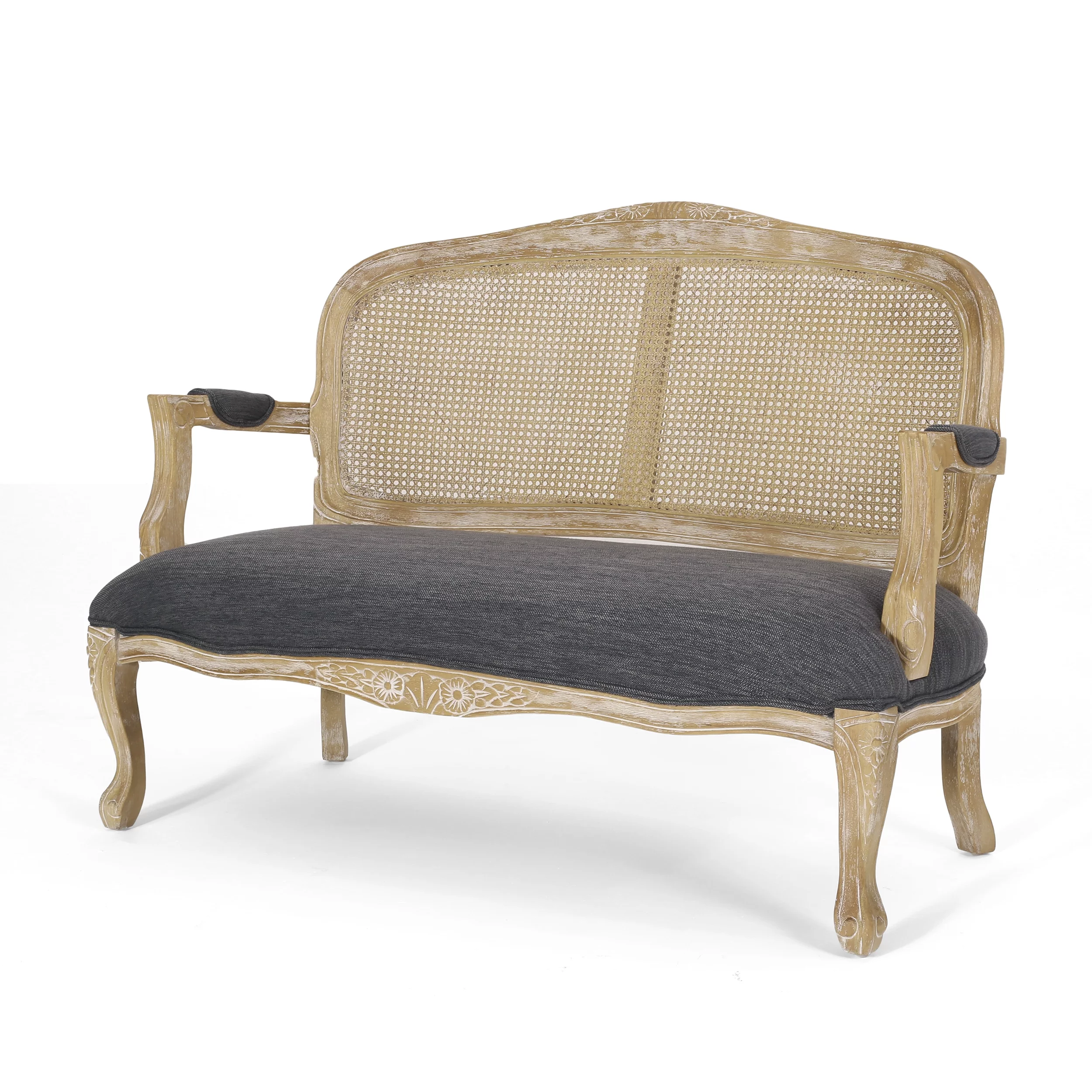 Wistar French Country Wood and Cane Loveseat, Charcoal and Natural