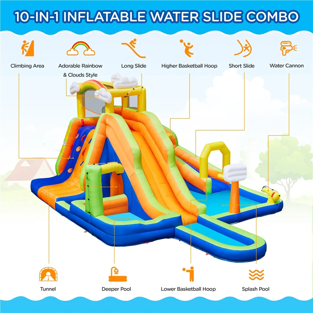 Alden Design Double Lane Inflatable Water Slide for Kids Aged 3 To 10 W/ Storage Bag & 650W Blower, Blue/Orange