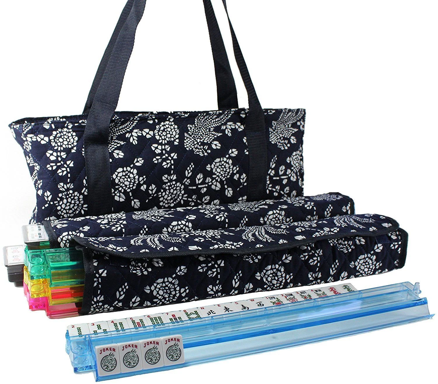 166 Tiles American Mahjong Set Blue Phoenix Soft Bag 4 Color Pusher Racks