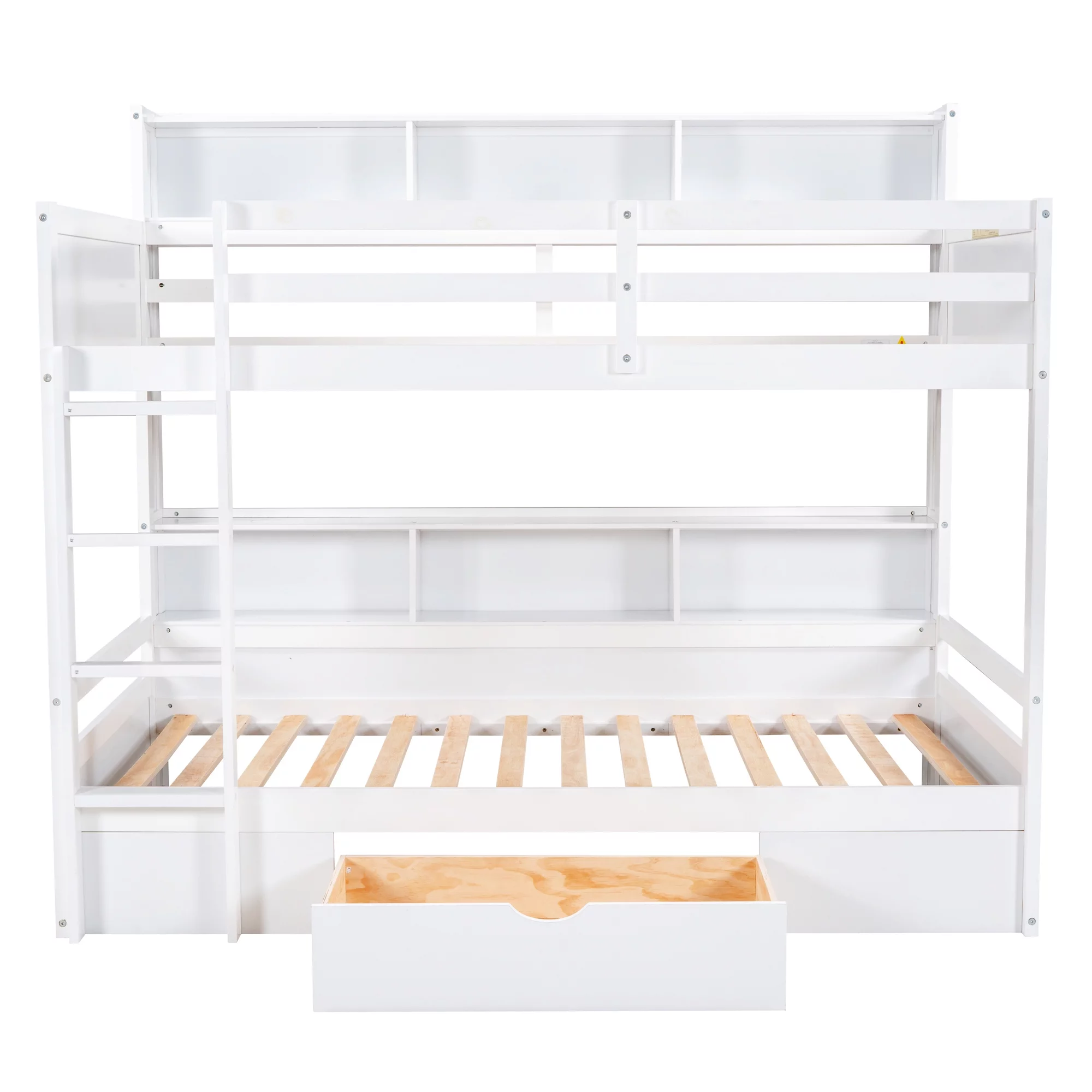 iRerts Twin Over Twin Bunk Bed with Storage Drawer, Wood Twin Bunk Bed with Built-in Shelves Beside Both Upper and Down Bed, Bunk Bed Twin Over Twin for Kids Teens Bedroom, No Box Spring Needed, White