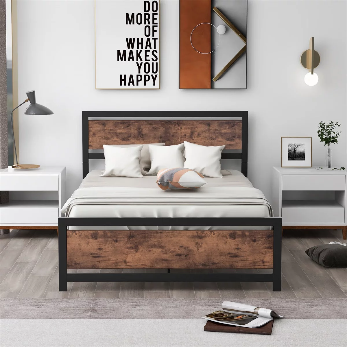 SENTERN Metal and Wood Bed Frame with Headboard and Footboard ,Full Size Platform Bed