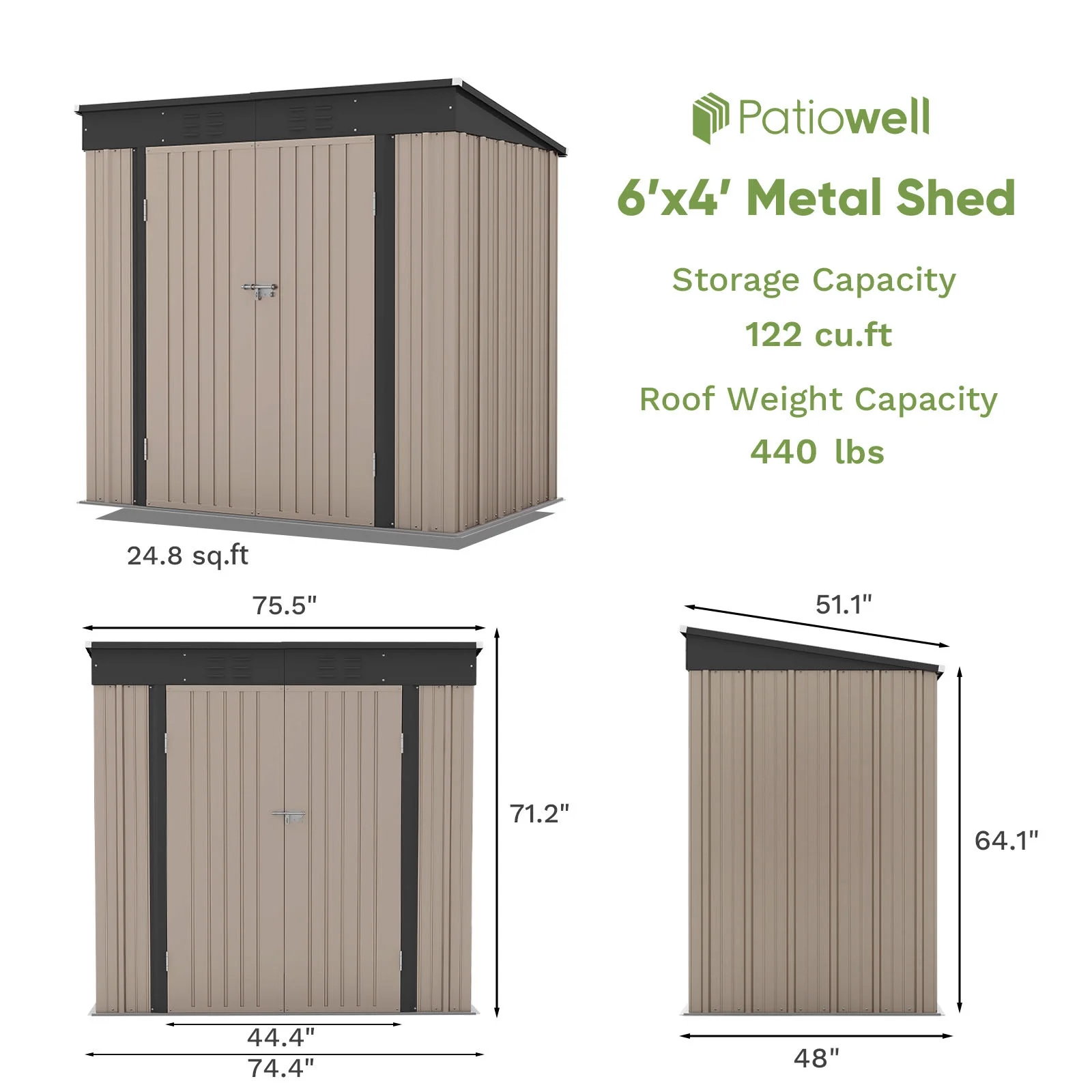 Patiowell 6x4 FT Outdoor Storage Shed, Metal Sheds with Double Lockable Doors for Lawn, Brown