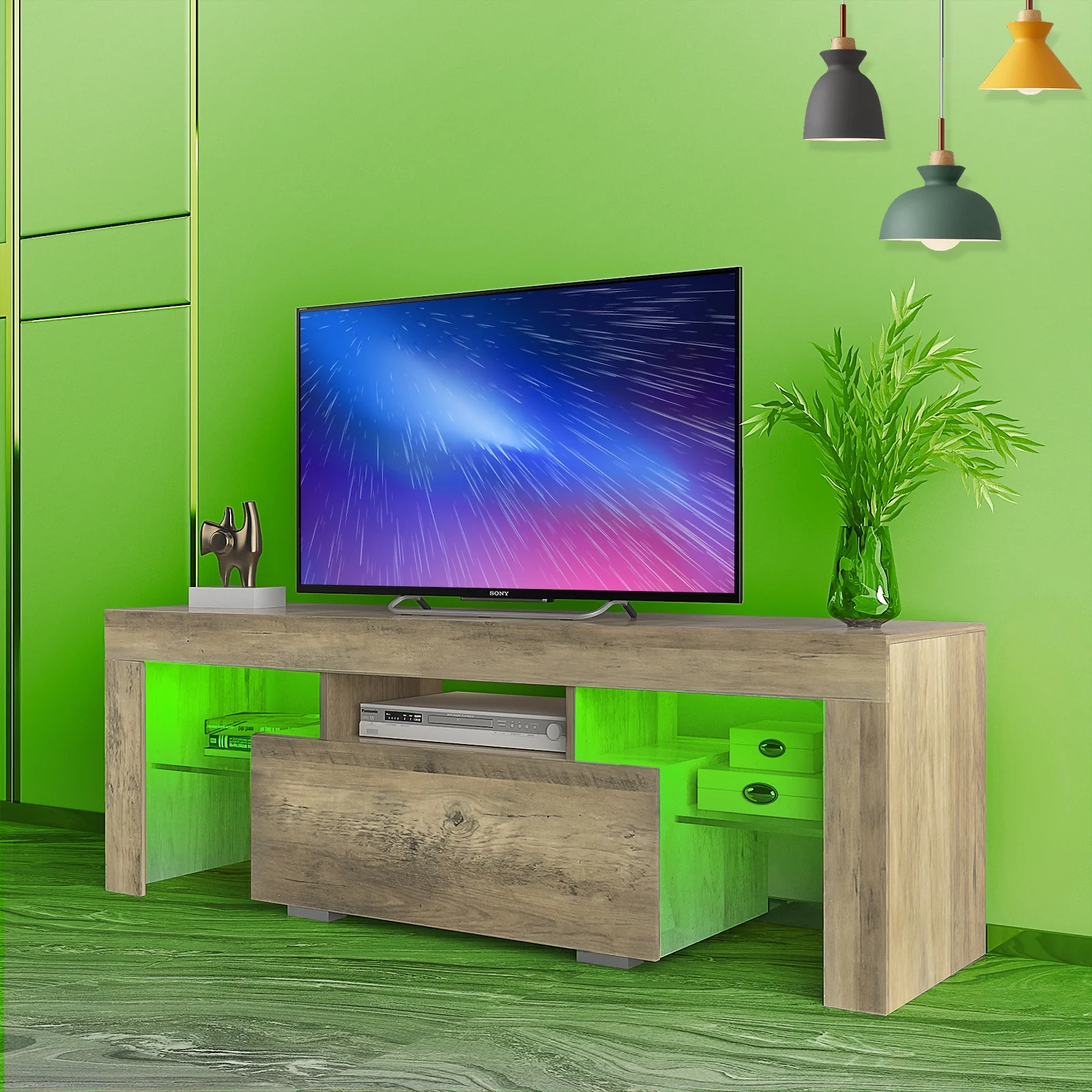 TV Stand with LED RGB Lights, Modern Entertainment Center Media Console Table Gaming TV Stand Cabinet with Drawer Glass Shelves for 55 inch TVs living Room Bed Room Furniture (Grey Oak)