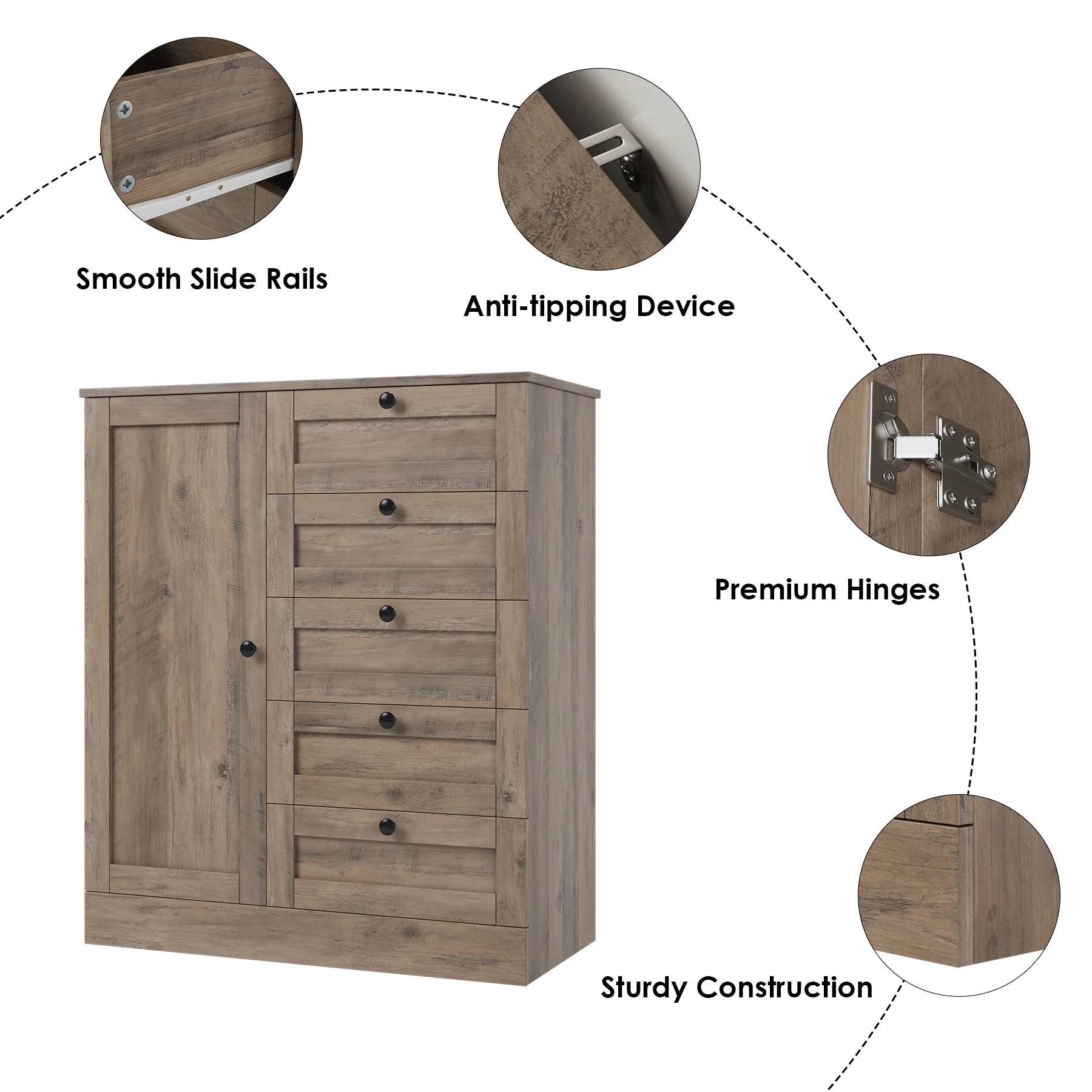 Homfa 5 Drawer Dresser with Door, Modern Chest of Drawers Wood Storage Cabinet for Bedroom Living Room Hallway, Gray