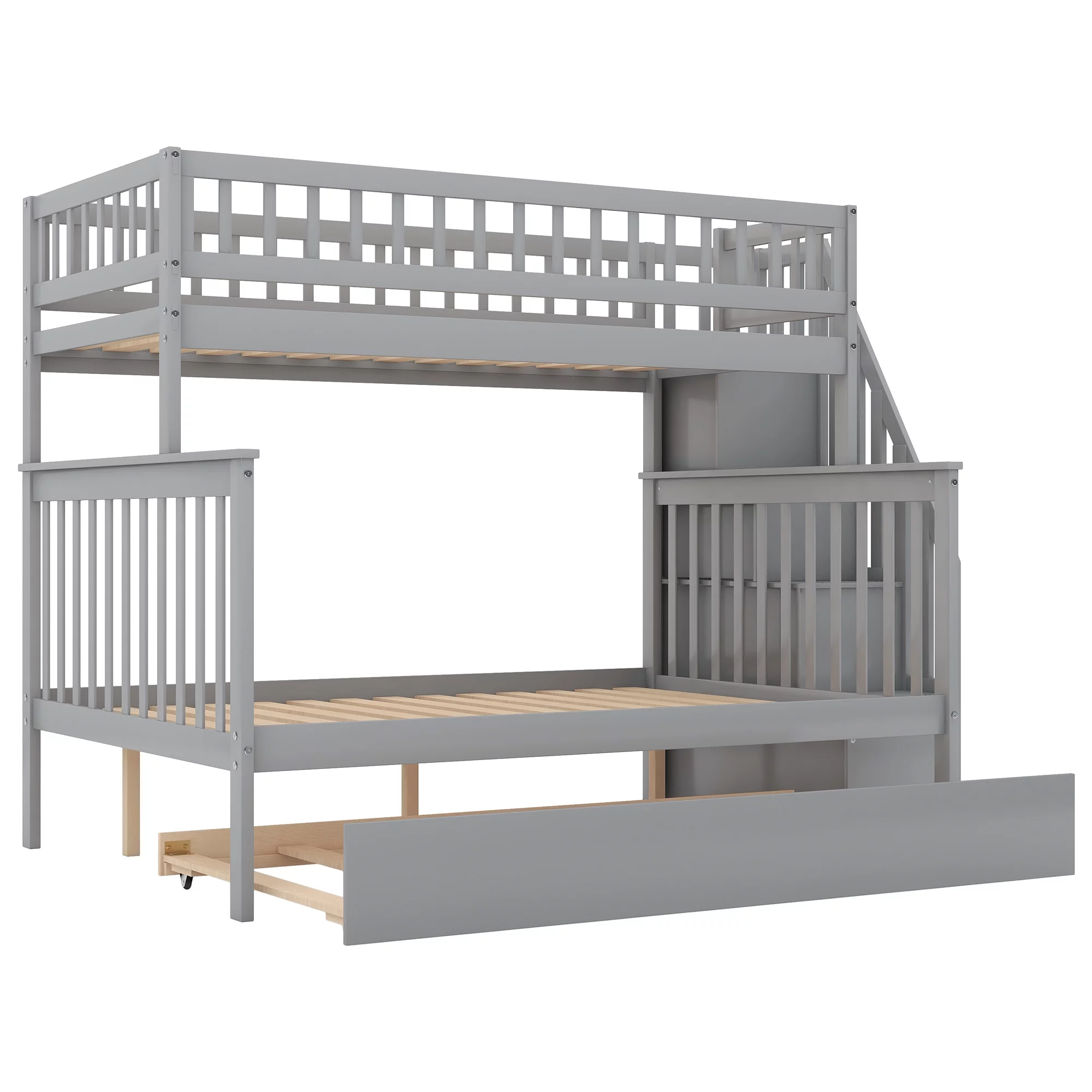 Leadzm Twin over Full Bunk Bed with Trundle and Staircase,Gray
