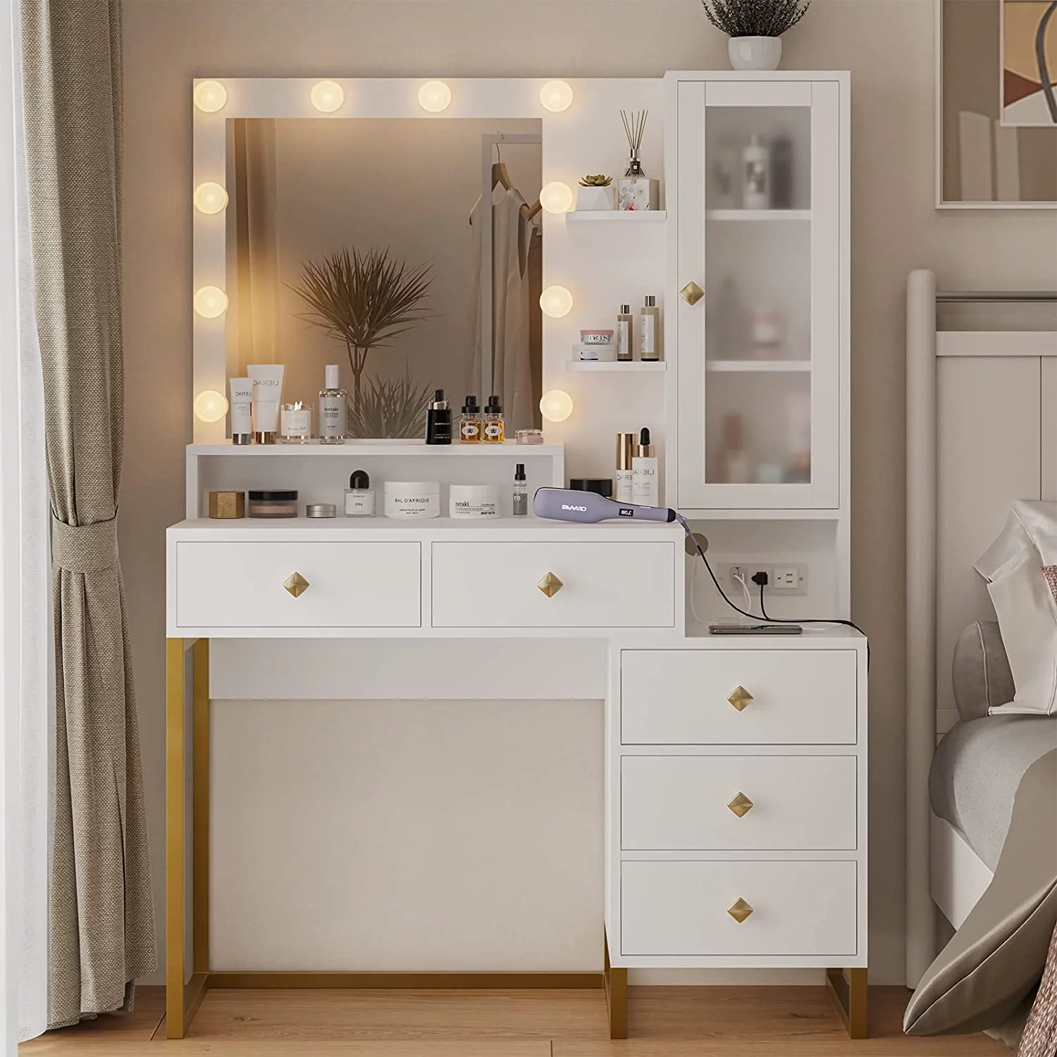 Vanity Desk with LED Lighted Mirror, Makeup Desk with 5 Storage Drawers & 6 Shelves, Vanity Table with Charging Station, Modern Dressing Table with 3 Color Lighting Options, White