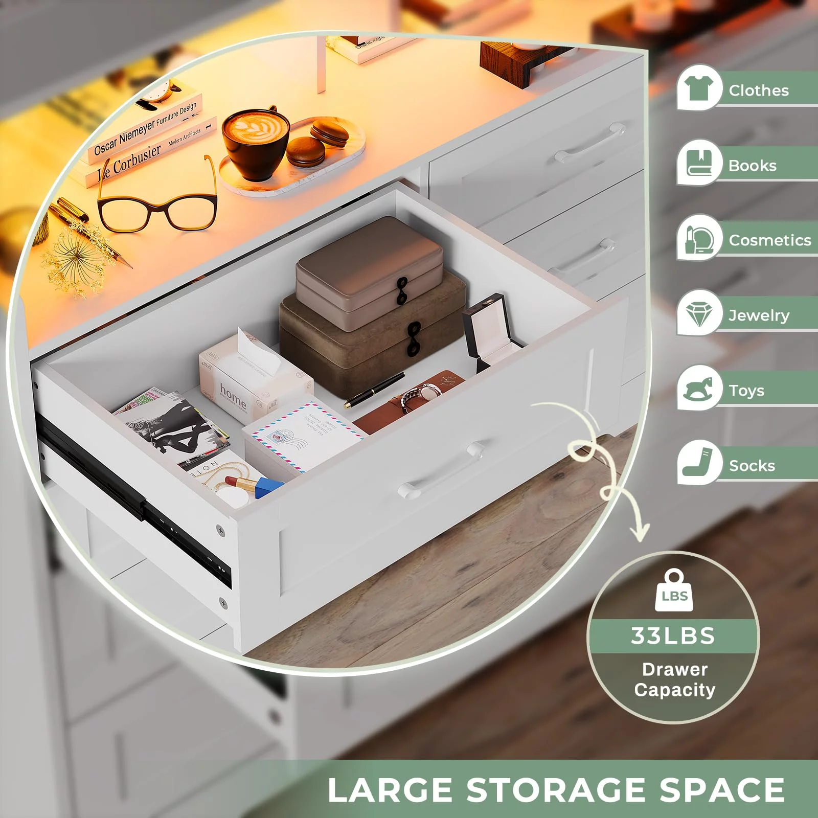 Dresser for Bedroom, 6 Drawer Dresser with LED Lights and Charging Station, White Finish