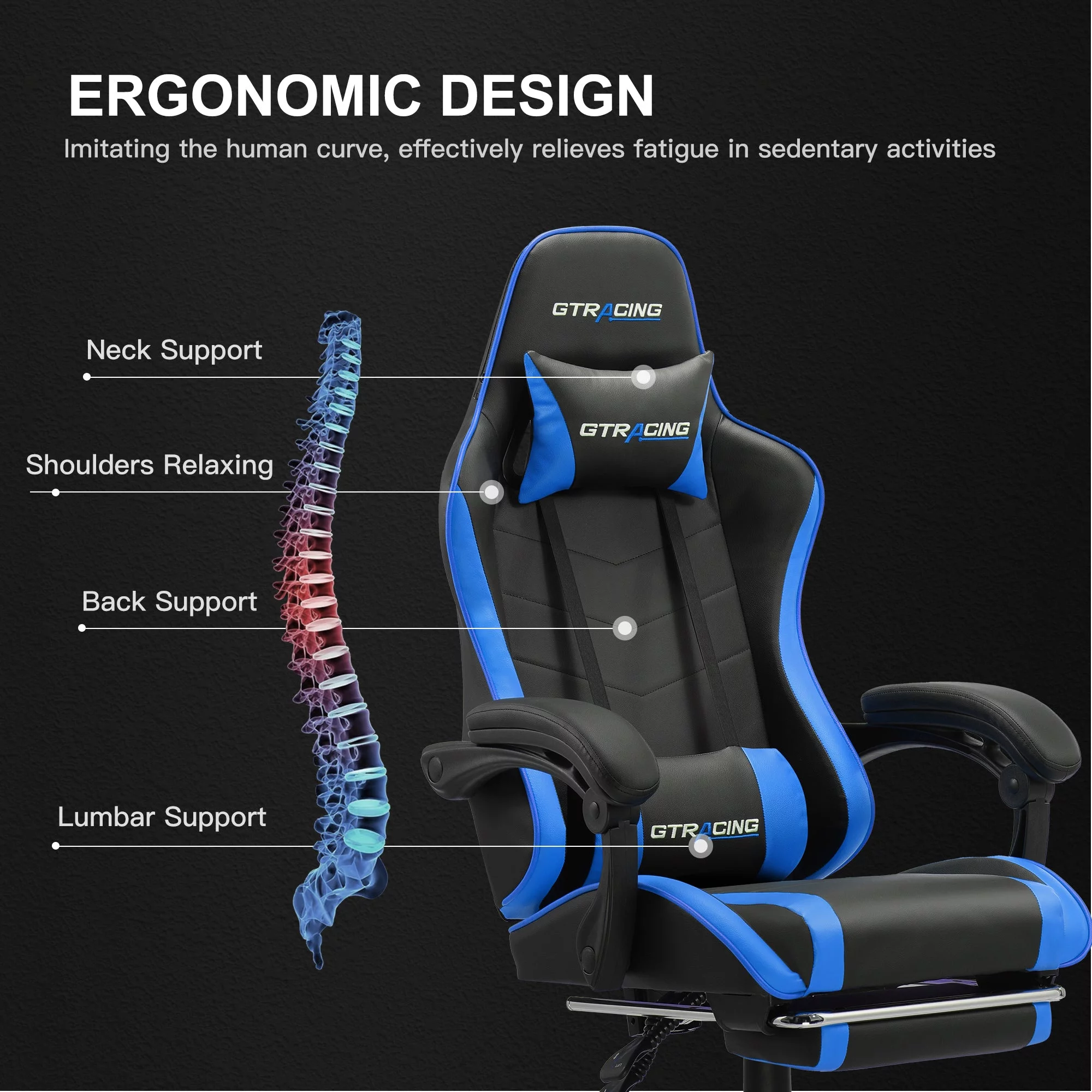GTRACING GTWD-200 Gaming Chair with Footrest, Height Adjustable Office Swivel Recliner, Blue
