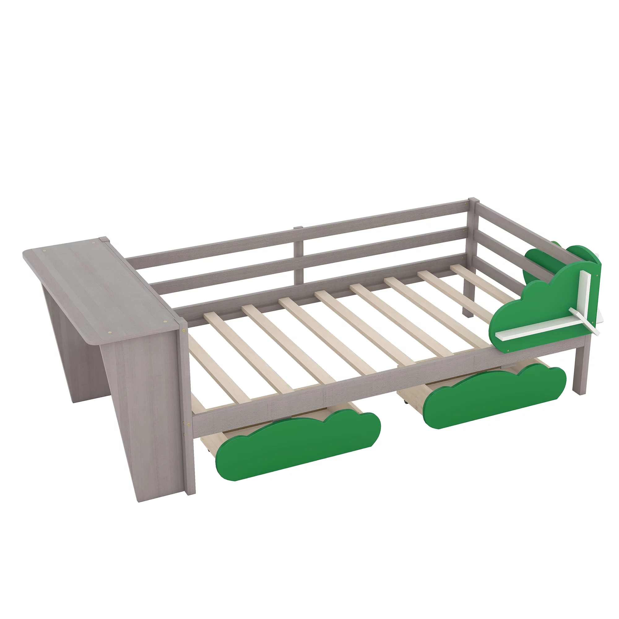 Churanty Twin Size Daybed with Storage Drawers and Desk,Wood Twin Bed Frame with Green Leaf Shape Shelves for Kids Bedroom,Gray