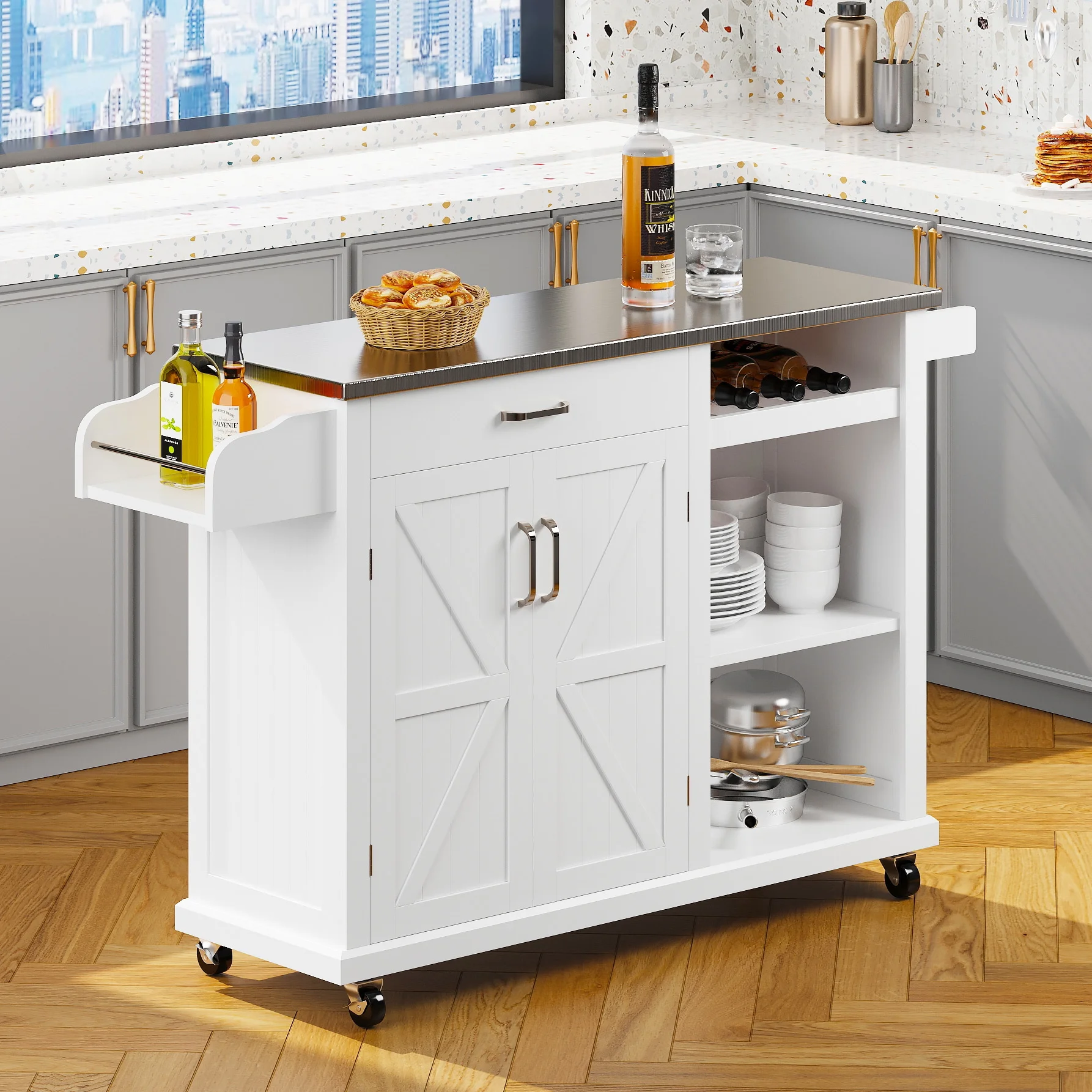 Rolling Kitchen Island Cart with Stainless Steel Top and Wine Rack, Kitchen Island on Wheels with Drawer & Open Shelves & Spice Rack(White-Stainless Top)