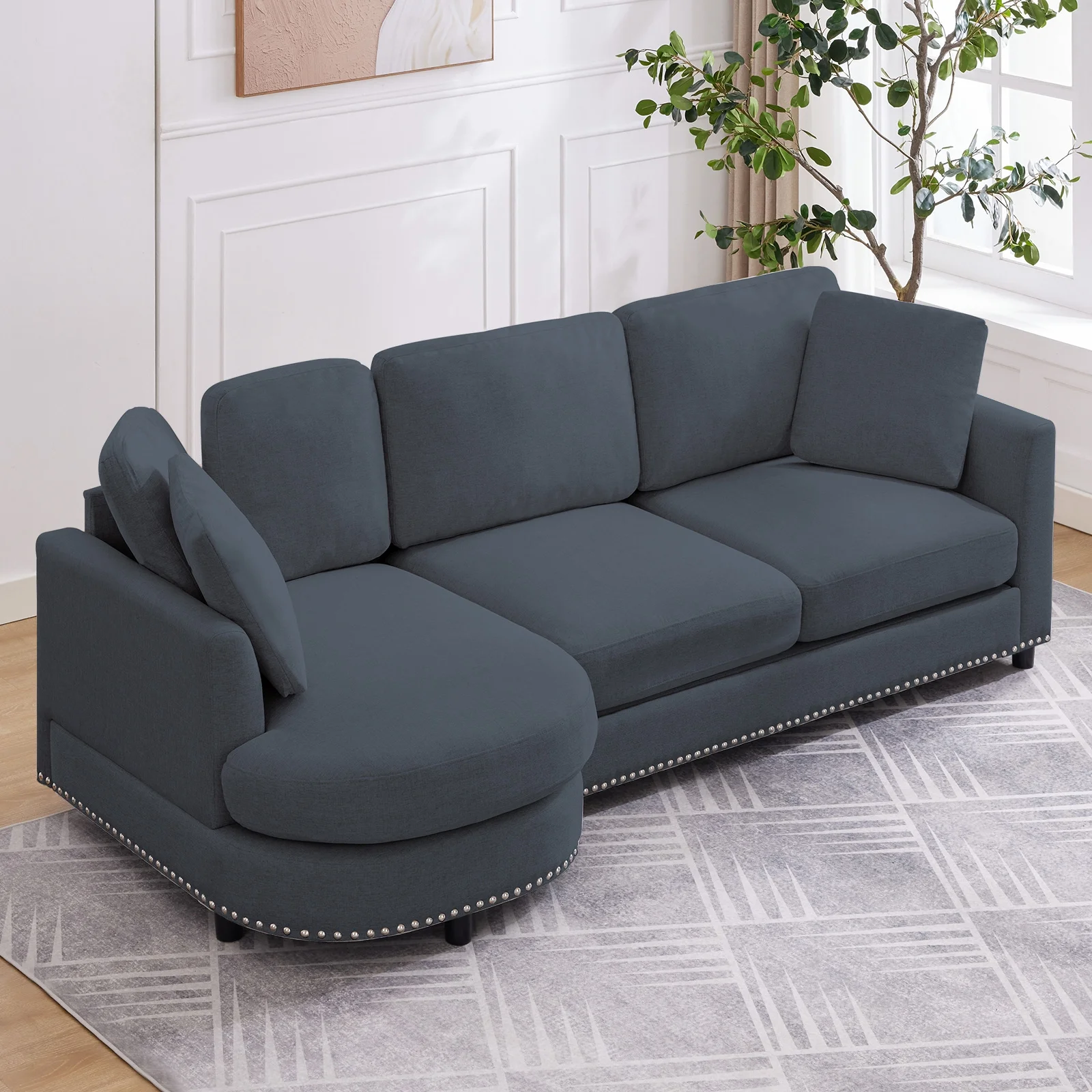 ZAFLY 3 Seater Sofa Couch, L Shaped Couch with Chaise, Curved Couches for Living Room - Dark Grey