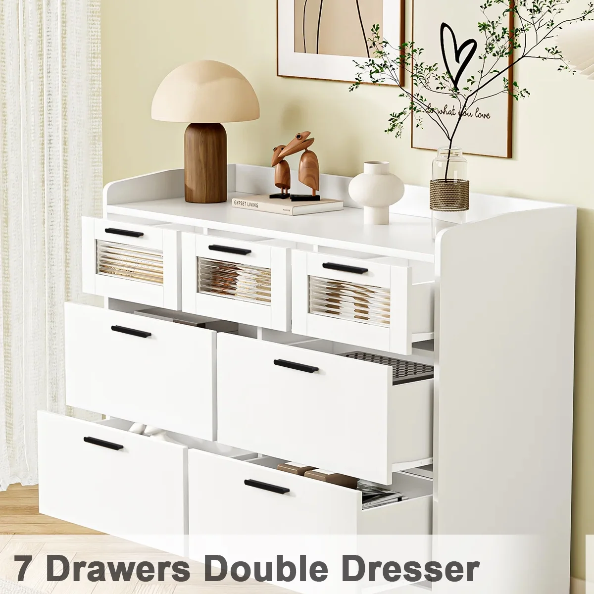 Homfa 7 Drawer White Dresser for Bedroom, Chest of Drawers with Glass Panel Wood Storage Cabinet for Living Room Dining Room