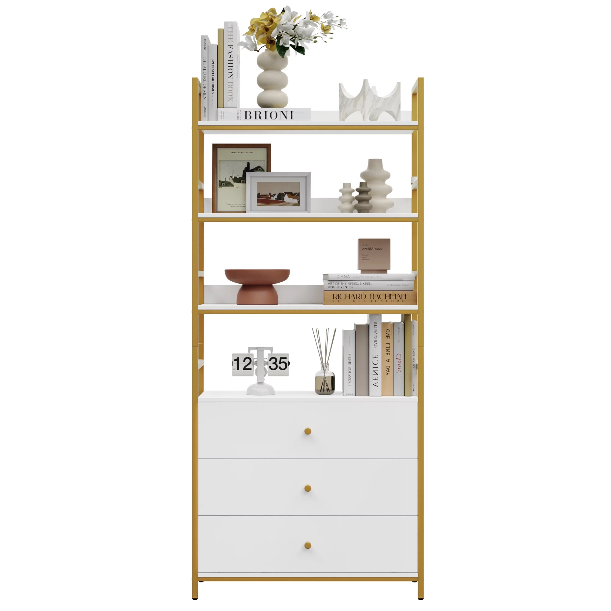 Homfa 4 Tier Gold Bookcase with 3 Drawers, Free Standing Bookshelf with Metal Frame for Office Study Room, White Finish