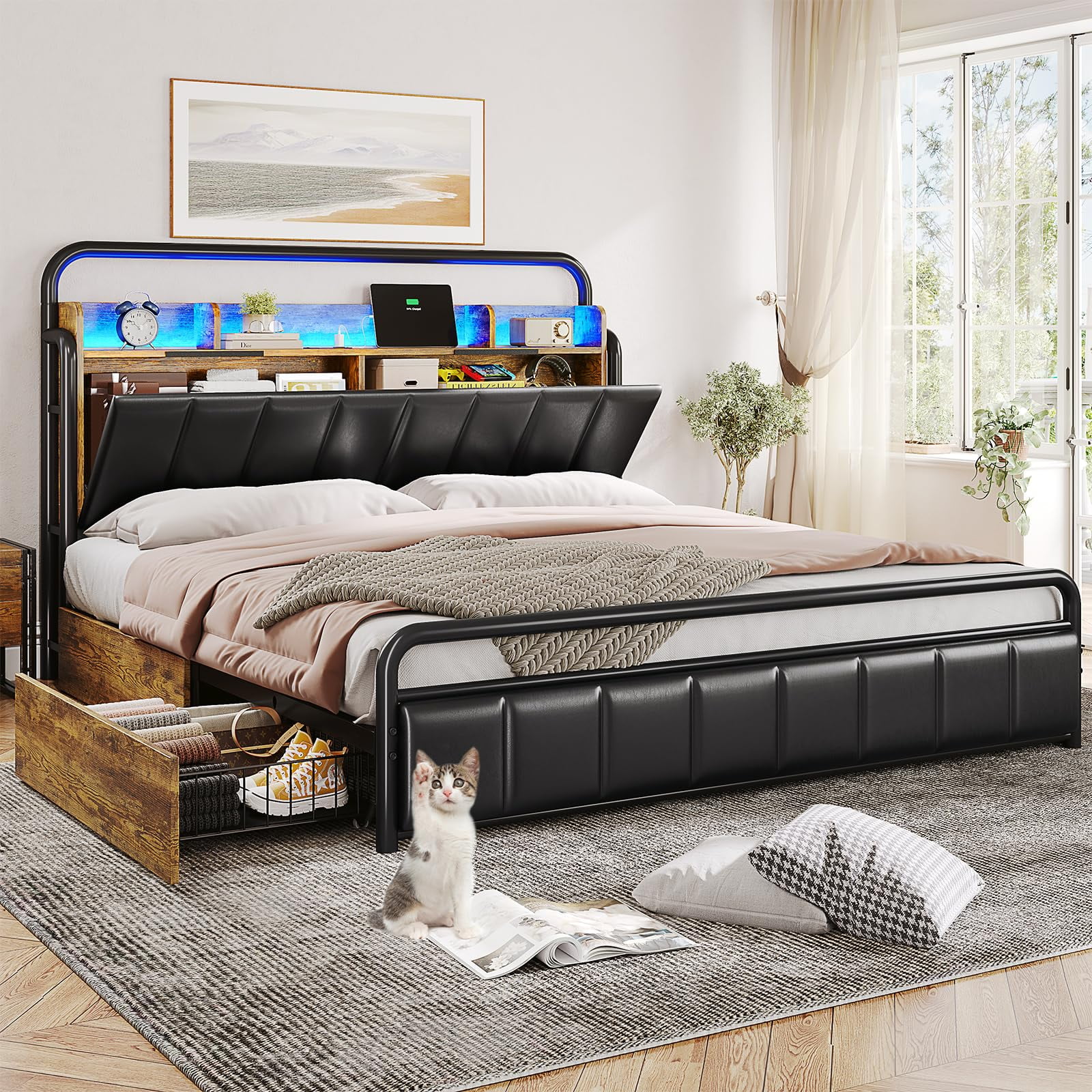 Queen Size Bed Frame with Storage Headboard & Hidden Storage Metal Platform LED Bed Frame with 4 Drawers & Charging Station,Upholstered Headboard,Noise-Free,Black