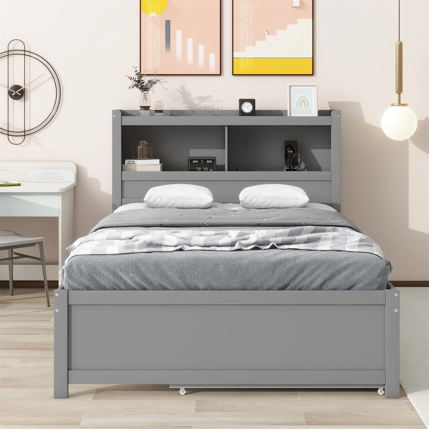 MERAX  Full Size platform bed with trundle, drawers and USB plugs Grey