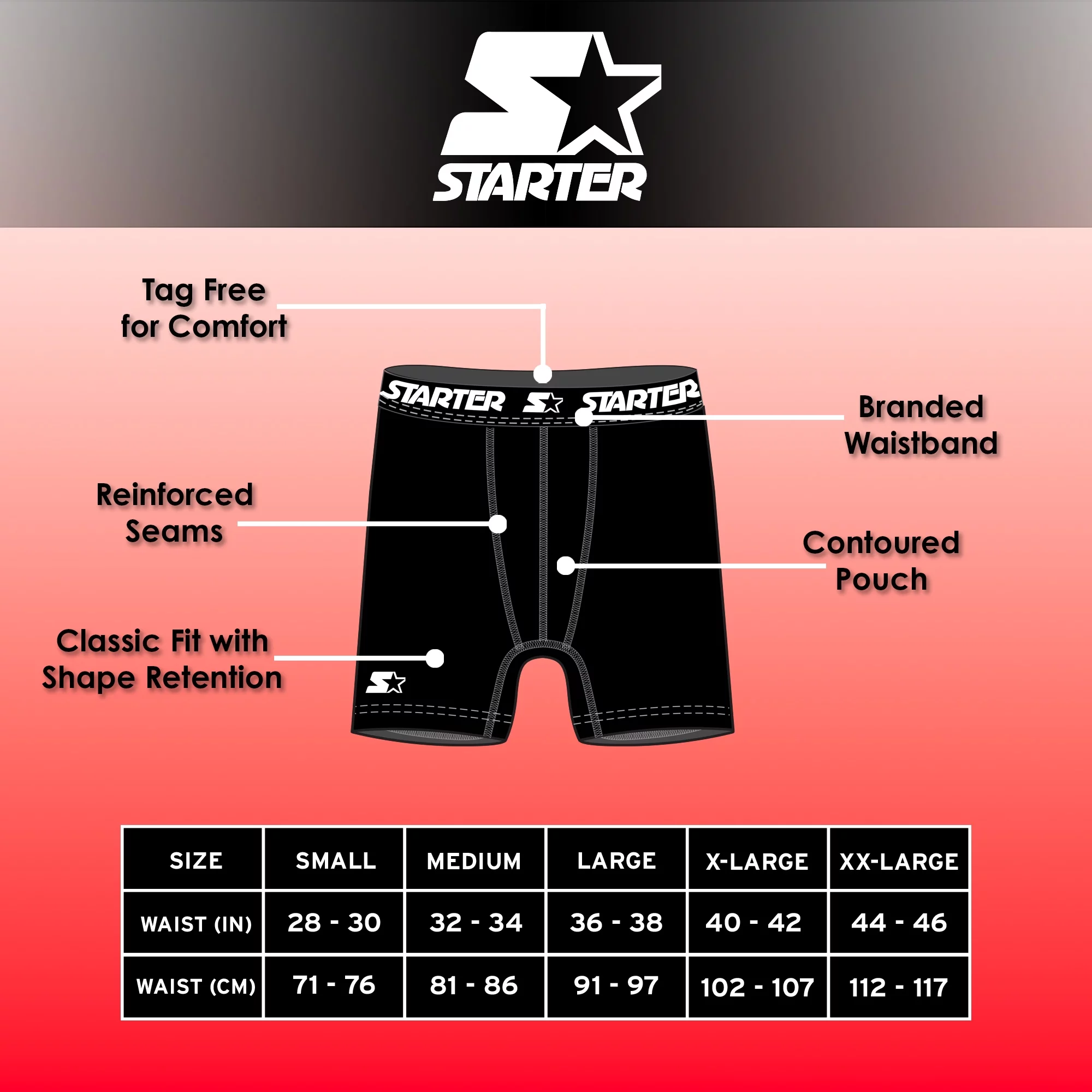 Starter Mens Boxer Briefs Active Performance Breathable Underwear for Men, Black Red Large 6-Pack