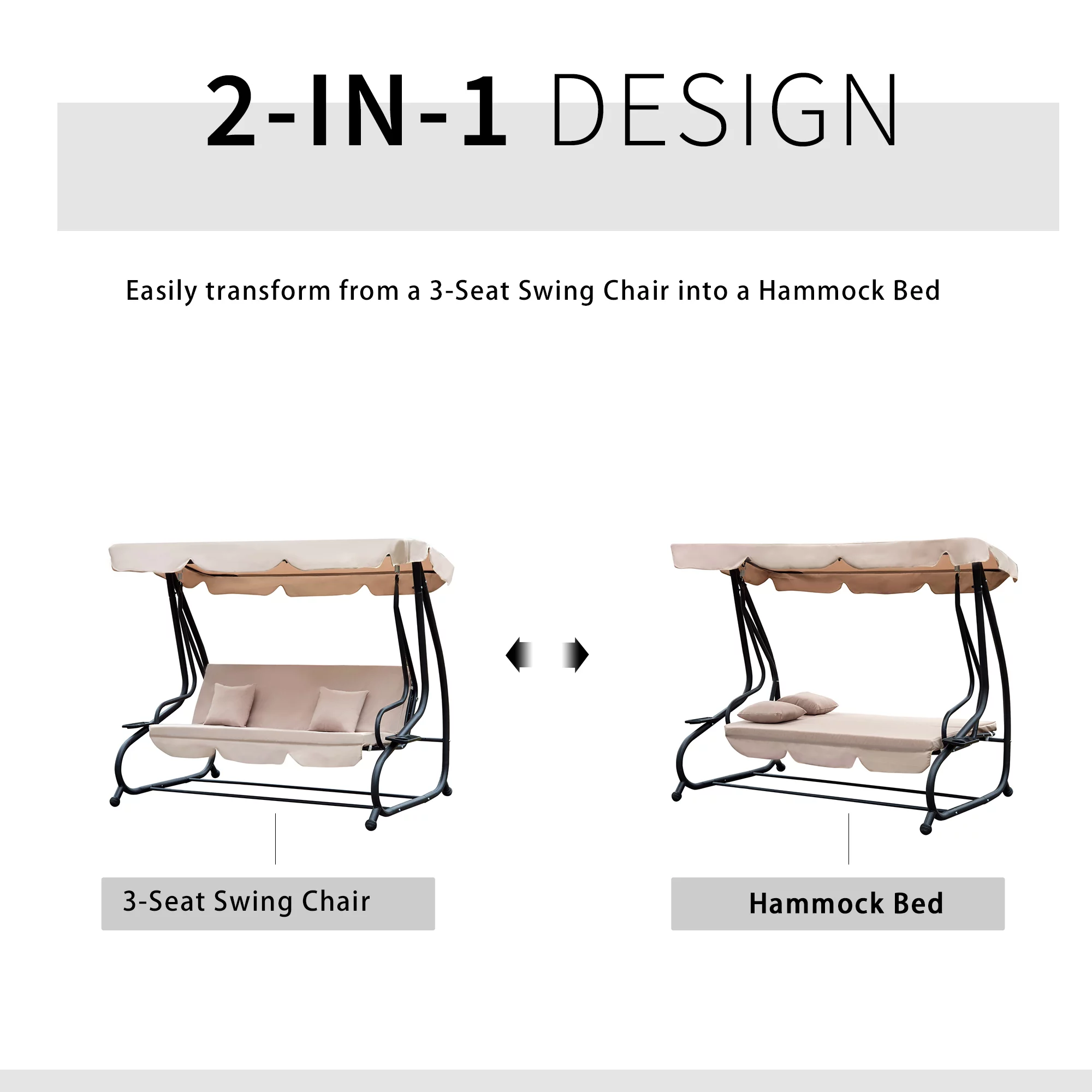 Outsunny 3-Seat Outdoor Patio Swing Chair, Converting Flatbed, Outdoor Swing Glider with Adjustable Canopy, Removable Cushion and Pillows, for Porch, Garden, Poolside, Backyard, Light Brown