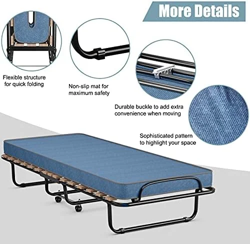 YZboomLife Folding Rollaway Bed with Mattress  Foldable Bed with Memory Foam Mattress for Adults  Portable Fold Up Guest Bed with Sturdy Steel Frame on Wheels for Home & Office  Made