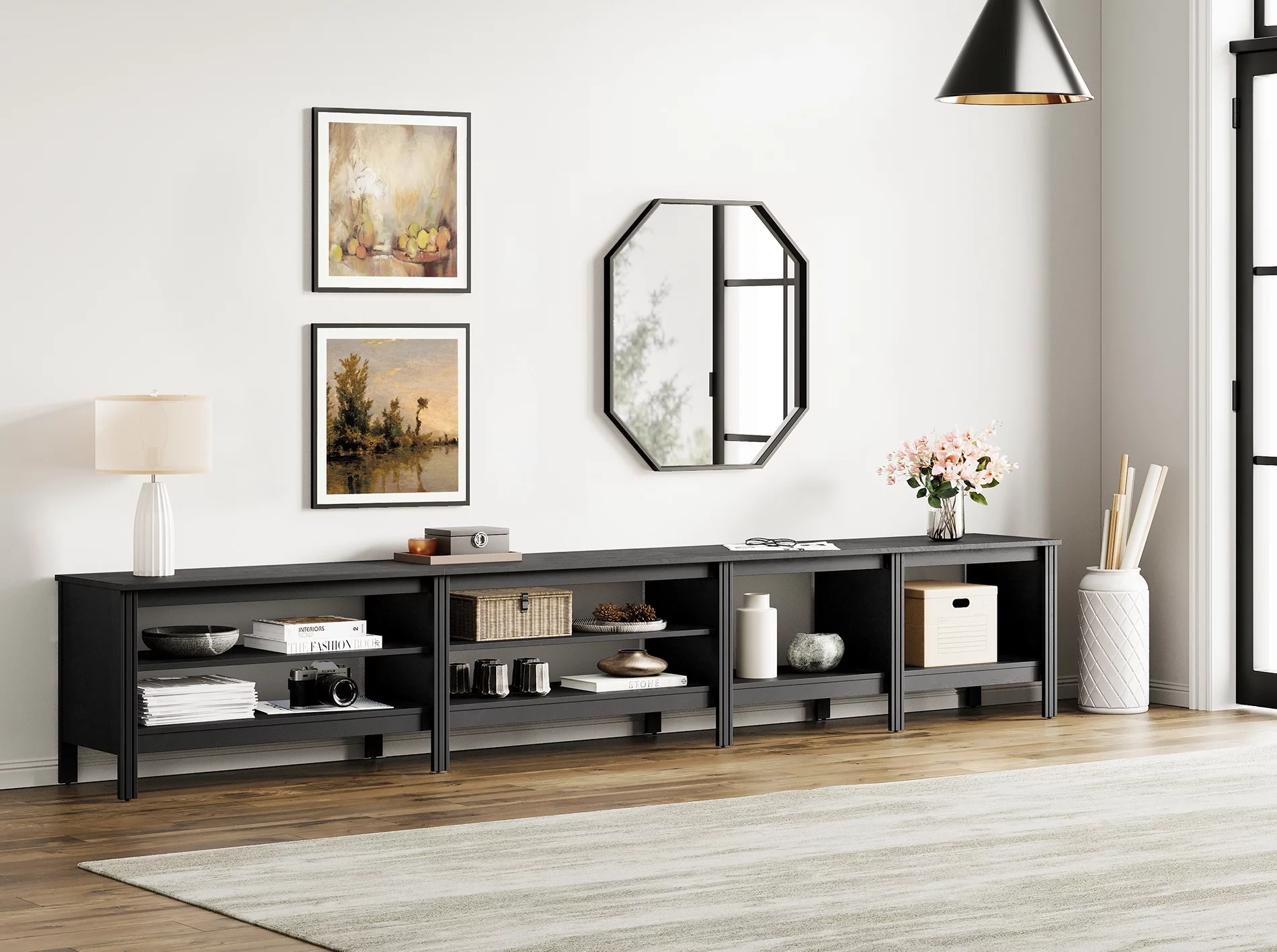 TV Stand for 100 inch TV Entertainment Center Wood TV Console Table for 85/80/90 inch TV with 8 Storages for Living Room Bedroom, Black