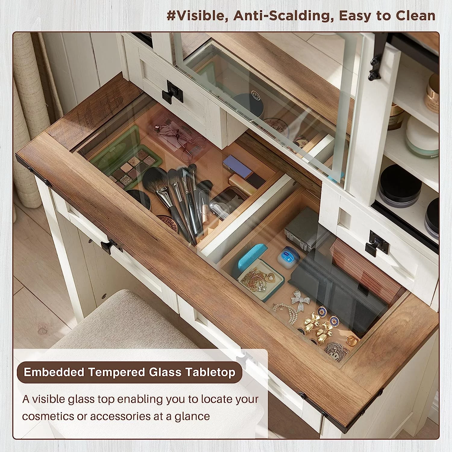 OKD Farmhouse Rustic Vanity Set with Sliding Mirror and Lights, Makeup Vanity Table Desk for Bedroom, 4 Drawers and Adjustable Shelves, White