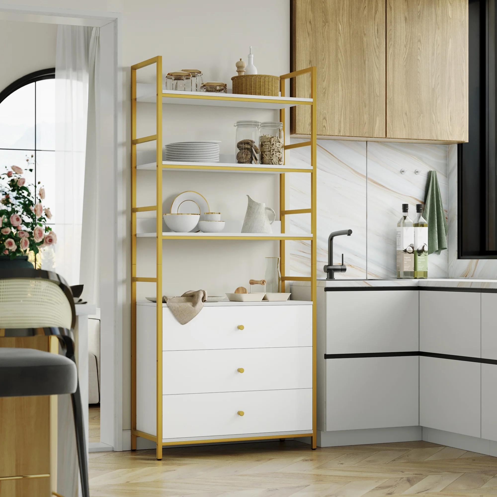 Homfa 4 Tier Gold Bookcase with 3 Drawers, Free Standing Bookshelf with Metal Frame for Office Study Room, White Finish