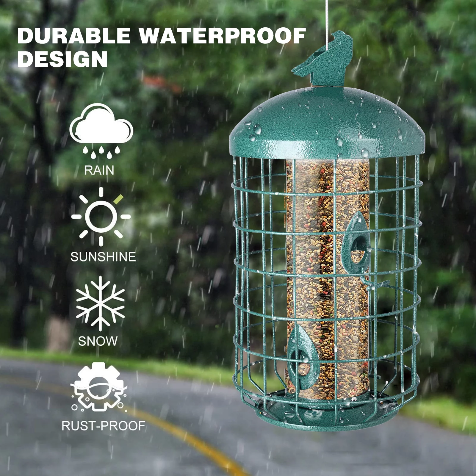 MUMTOP Squirrel Deterrent Green Bird Feeders for Outdoors Hanging, 2.73 lb Large Capacity, Caged Tube Wild Bird Feeder – Premium Grade Steel, Chew-Proof and Weather Resistant