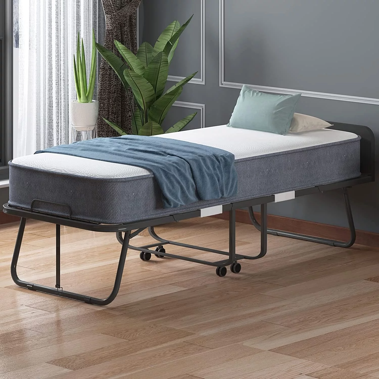 Mixoy Folding Bed with Mattress and Headboard|Space Saving Foldable Bed with Foam Mattress | Bed Frame with Wheels