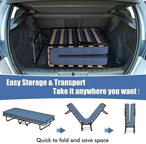 YZboomLife Folding Rollaway Bed with Mattress  Foldable Bed with Memory Foam Mattress for Adults  Portable Fold Up Guest Bed with Sturdy Steel Frame on Wheels for Home & Office  Made