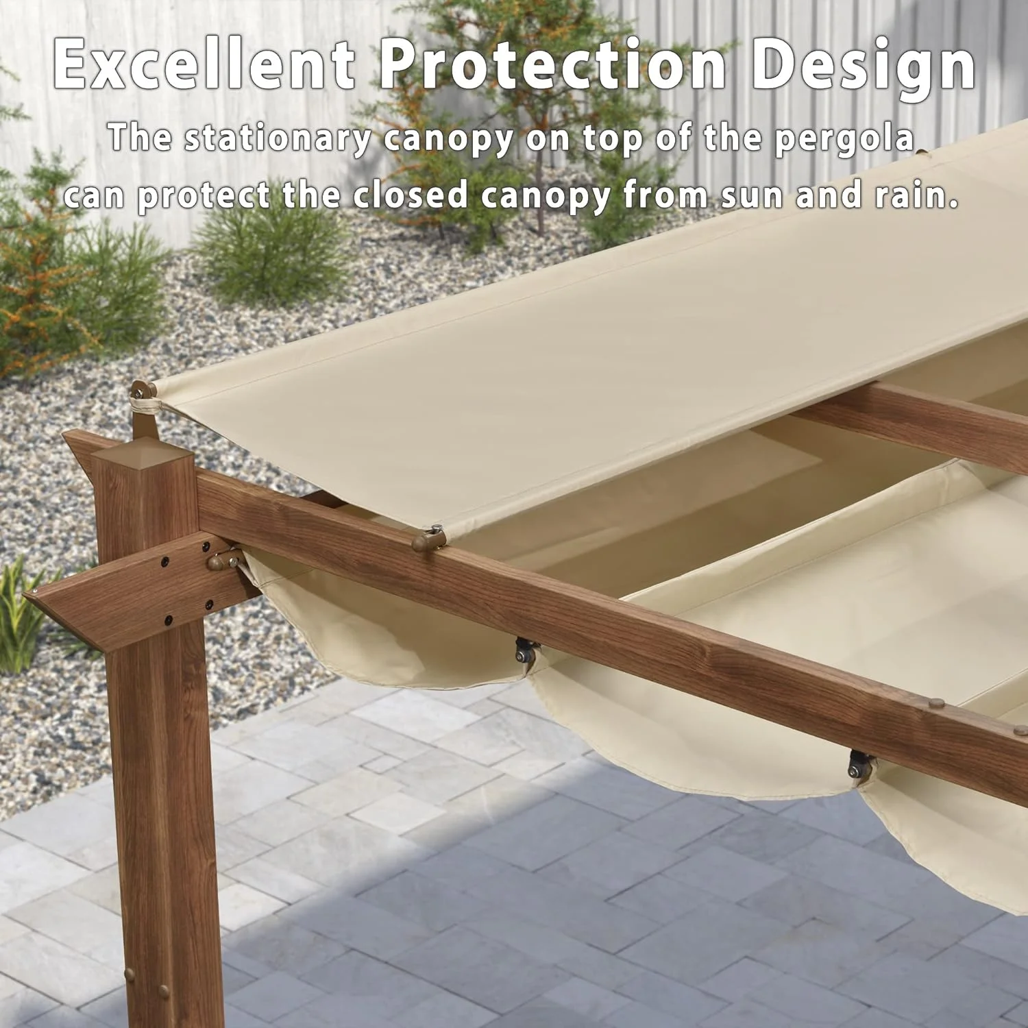 PURPLE LEAF 10' x 10' Outdoor Retractable Pergola with Sun Shade Canopy Patio Metal Shelter for Garden Porch Beach Pavilion Natural Wood Grain Aluminum Frame Modern Yard Grill Pergola, Beige