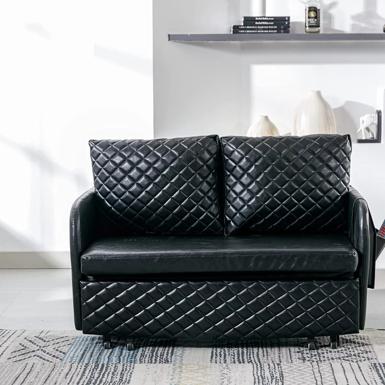 Tabaray Leather Loveseat Sleeper Sofa Bed,2 Seat Arm Chair with Side Pocket and Cushions,Mini Pull Out Couch for Bedroom,Office,Living Room,Small Space (Black Leather)