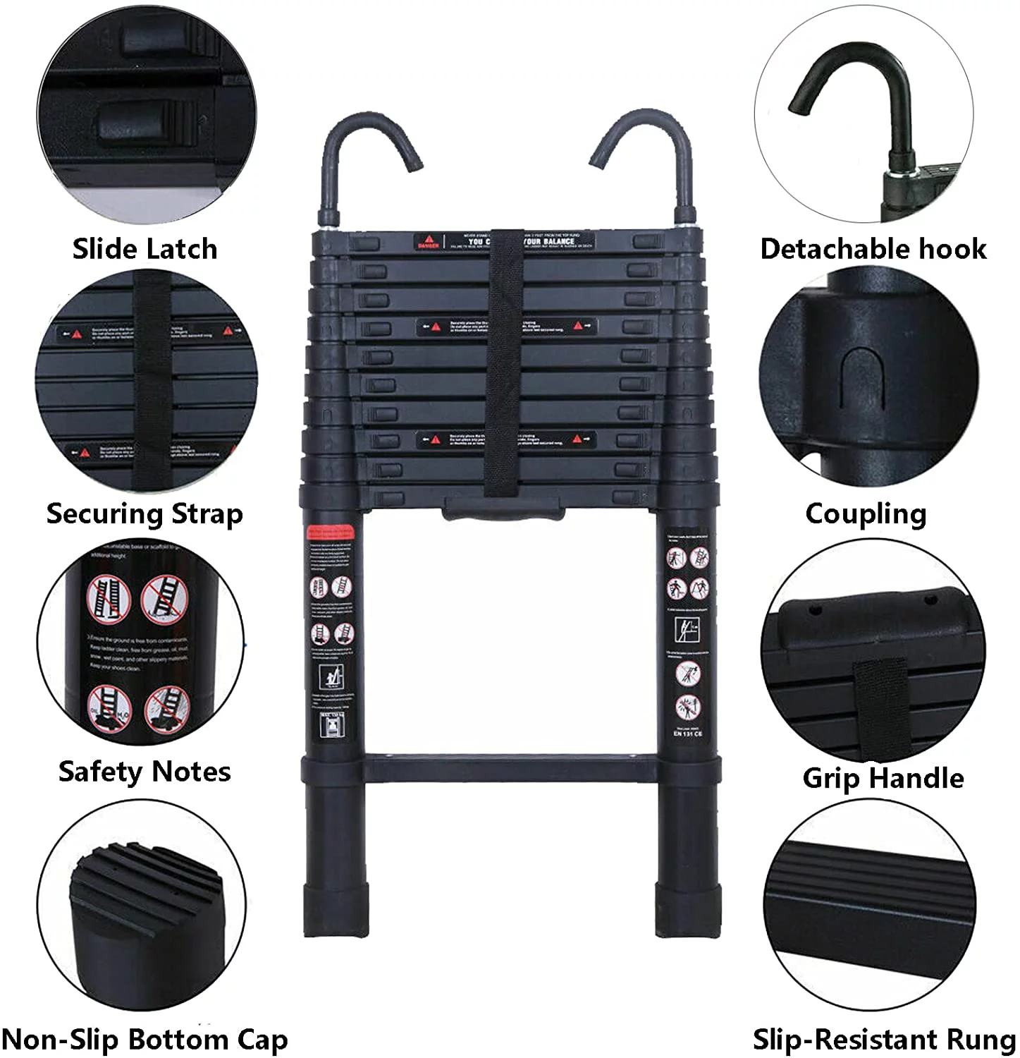 Dayplus Telescopic Ladder Extendable Laders Aluminium Folding 3.2M/10.5ft with Roof Hooks