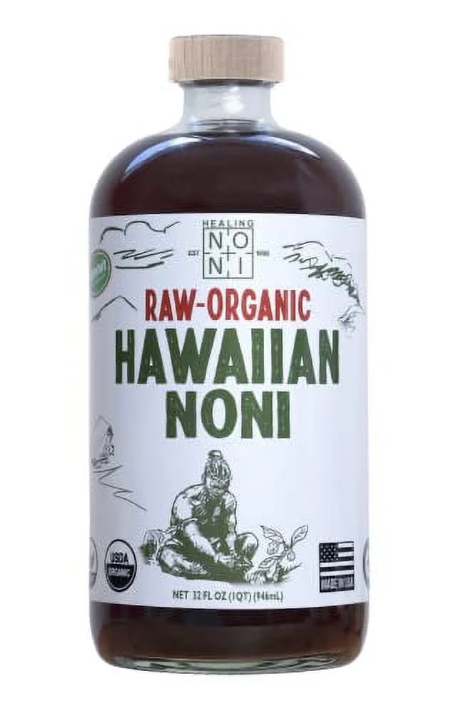 Healing Noni - Raw Organic Hawaiian Noni Juice - 4 Pack of 32oz Glass Bottles